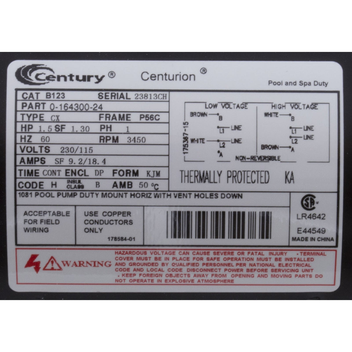 Motor, Century, 1.5hp, 115v/230v, 1-Spd, 56Cfr, C-Face Key : B123