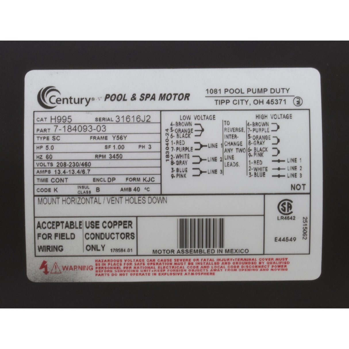 Motor, Century, 5.0hp, 208-230v/460v, SQFL, 56Y Frame, 3 Ph, Thd : H995
