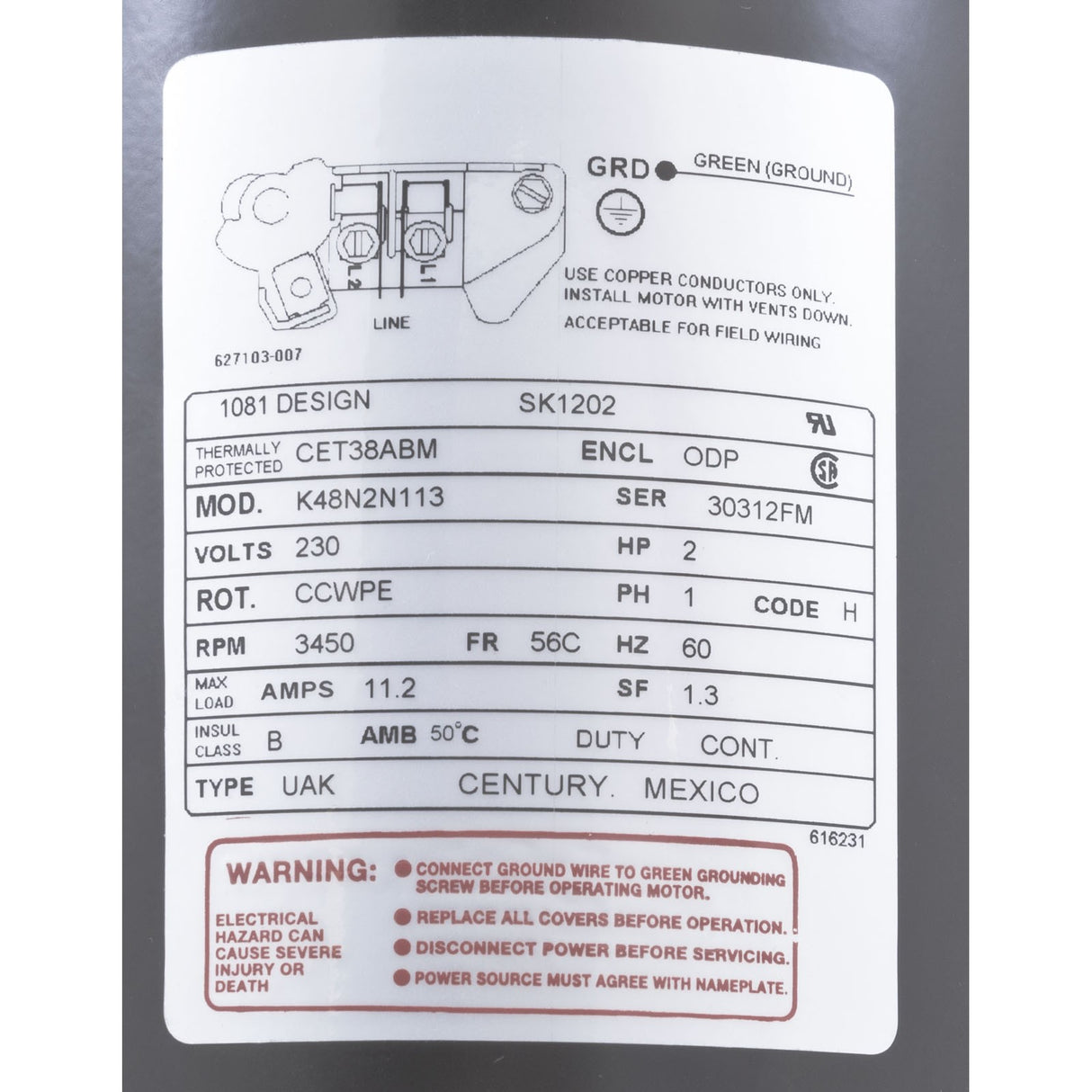 Motor, Century, 2.0hp, 230v, 1-Spd, 56Cfr, C-Face Key : SK1202