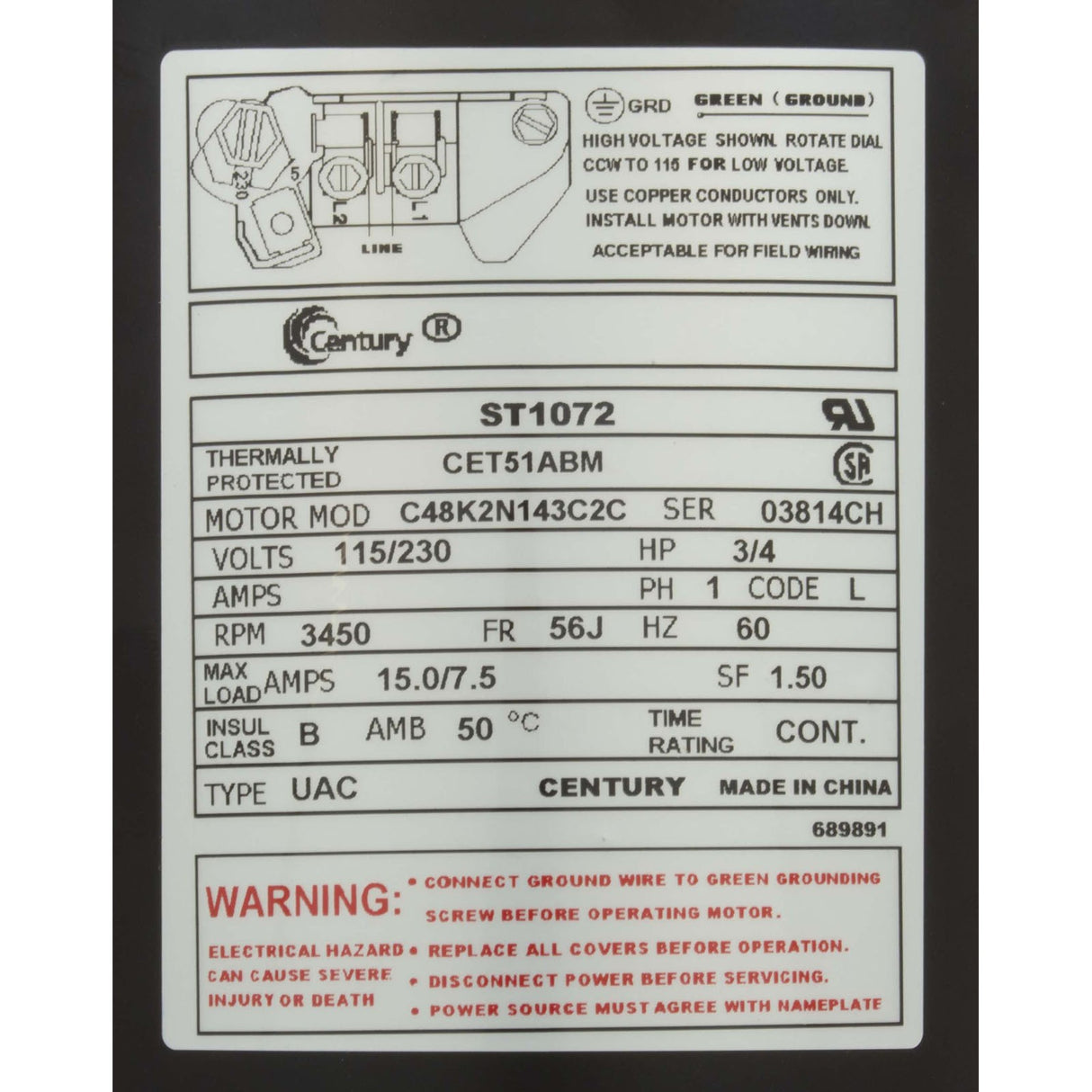 Motor, Century, 0.75hp, 115v/230v, 1-Spd, 56Jfr, C-Face Thd : ST1072