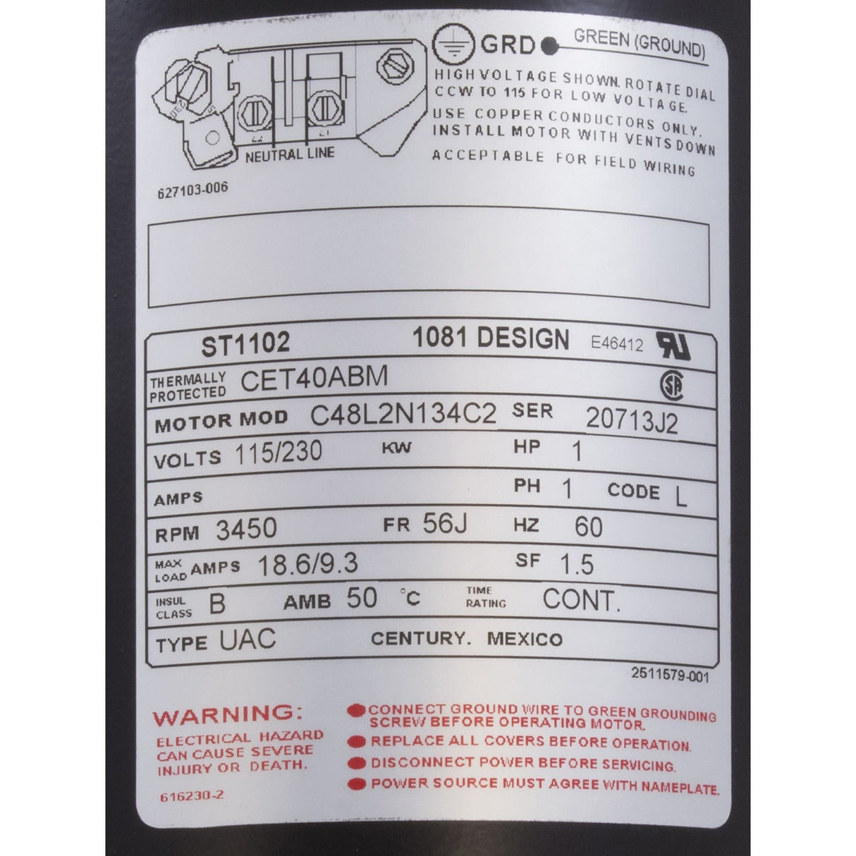 Motor, Century, 1.0hp, 115v/230v, 1-Spd, 56Jfr, C-Face Thd : ST1102