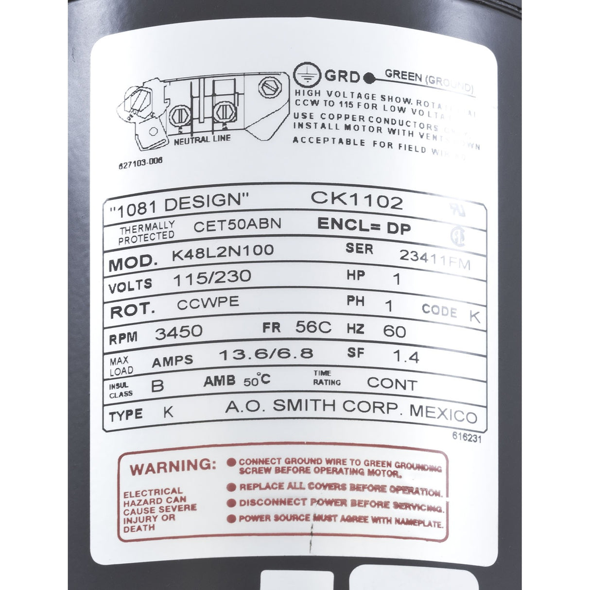 Motor, Century, 1.0hp, 115v/230v, 1-Spd, 56Cfr, C-Face Key : CK1102