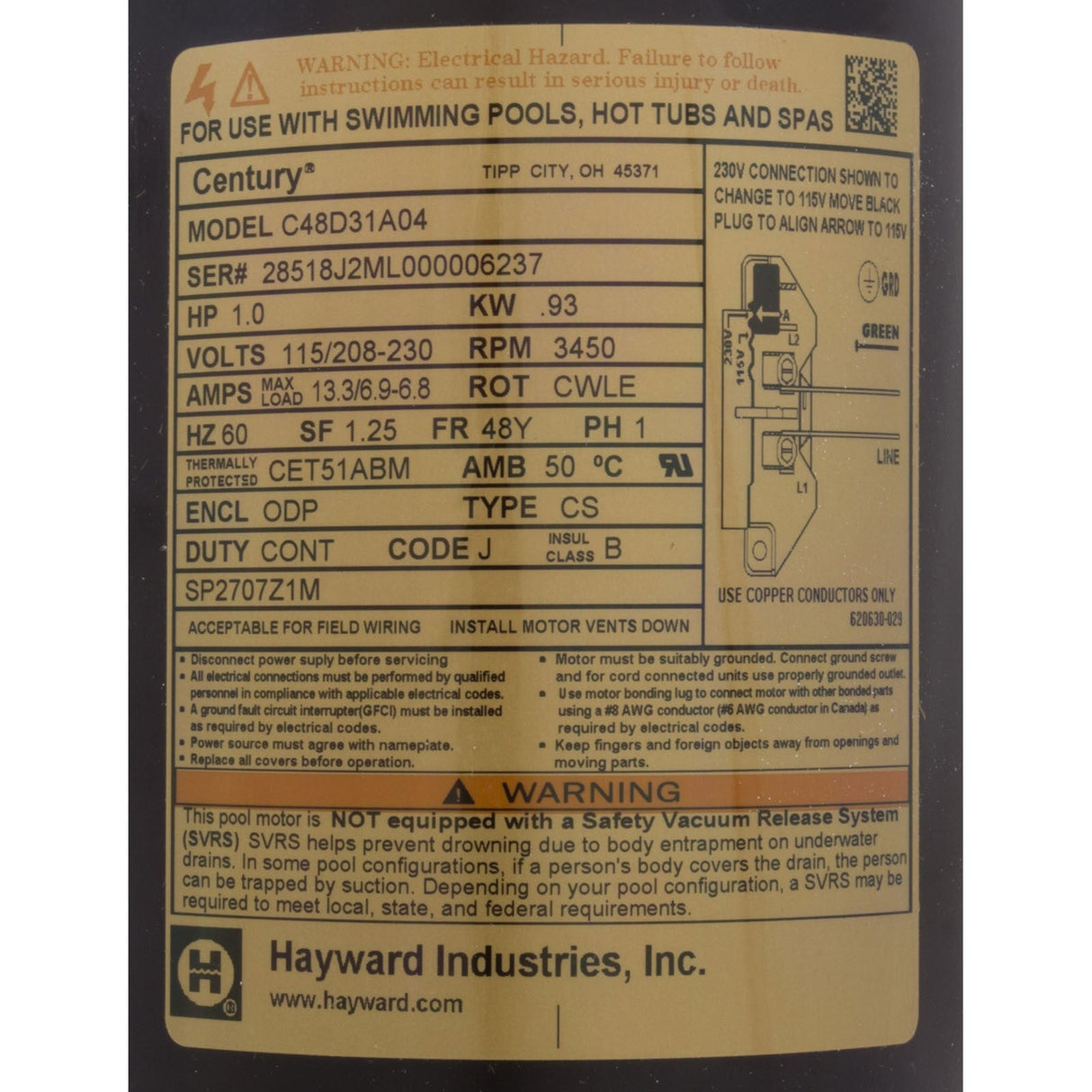 Motor, Hayward MaxFlo II/XL, 1.0hp, 115v/208-230v, Max Rate : SPX2707Z1M
