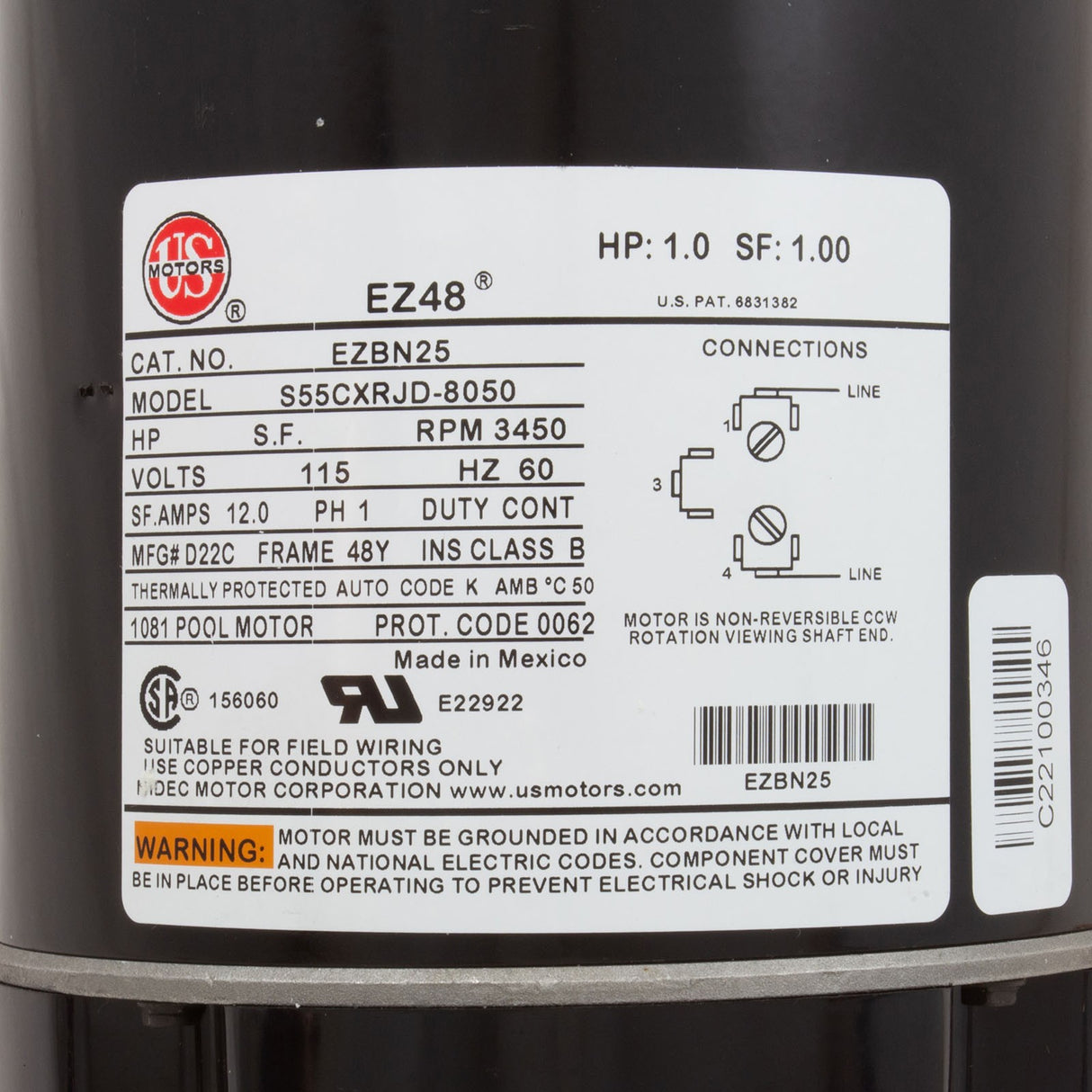 Motor, Nidec/US Motor, 1.0hp, 115v, 1-Spd, 48Y Frame : EZBN25