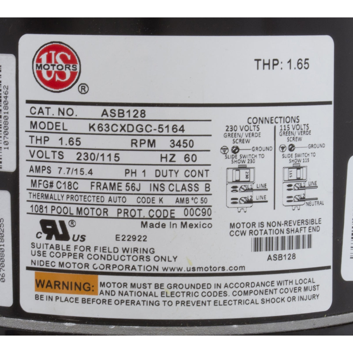 Motor, US Motor, 1.0 Horsepower, Threaded, Fullrate, 115/230 : ASB128