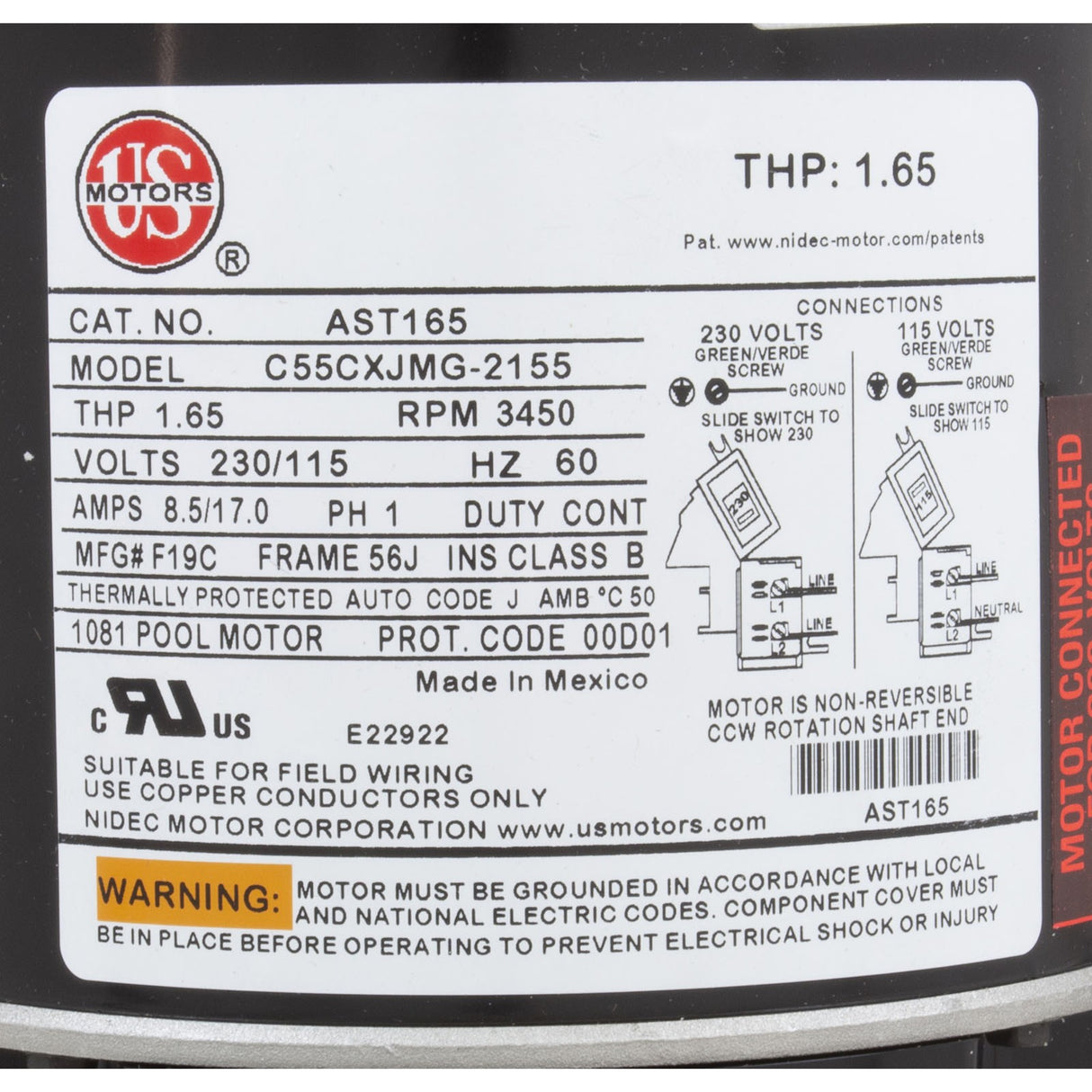 Motor, US Motor, 1.0hp, Threaded, Fullrate, 115/230v, 56J : AST165