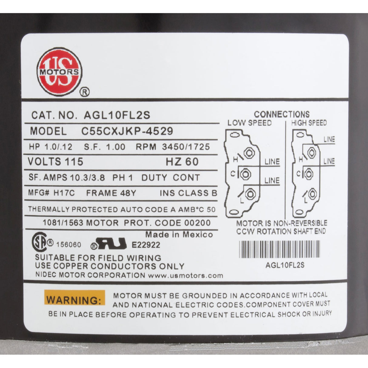Motor, US Motor, 1.0 Horsepower, ThruBolt, 2-Speed, 115v, 48Y : AGL10FL2S