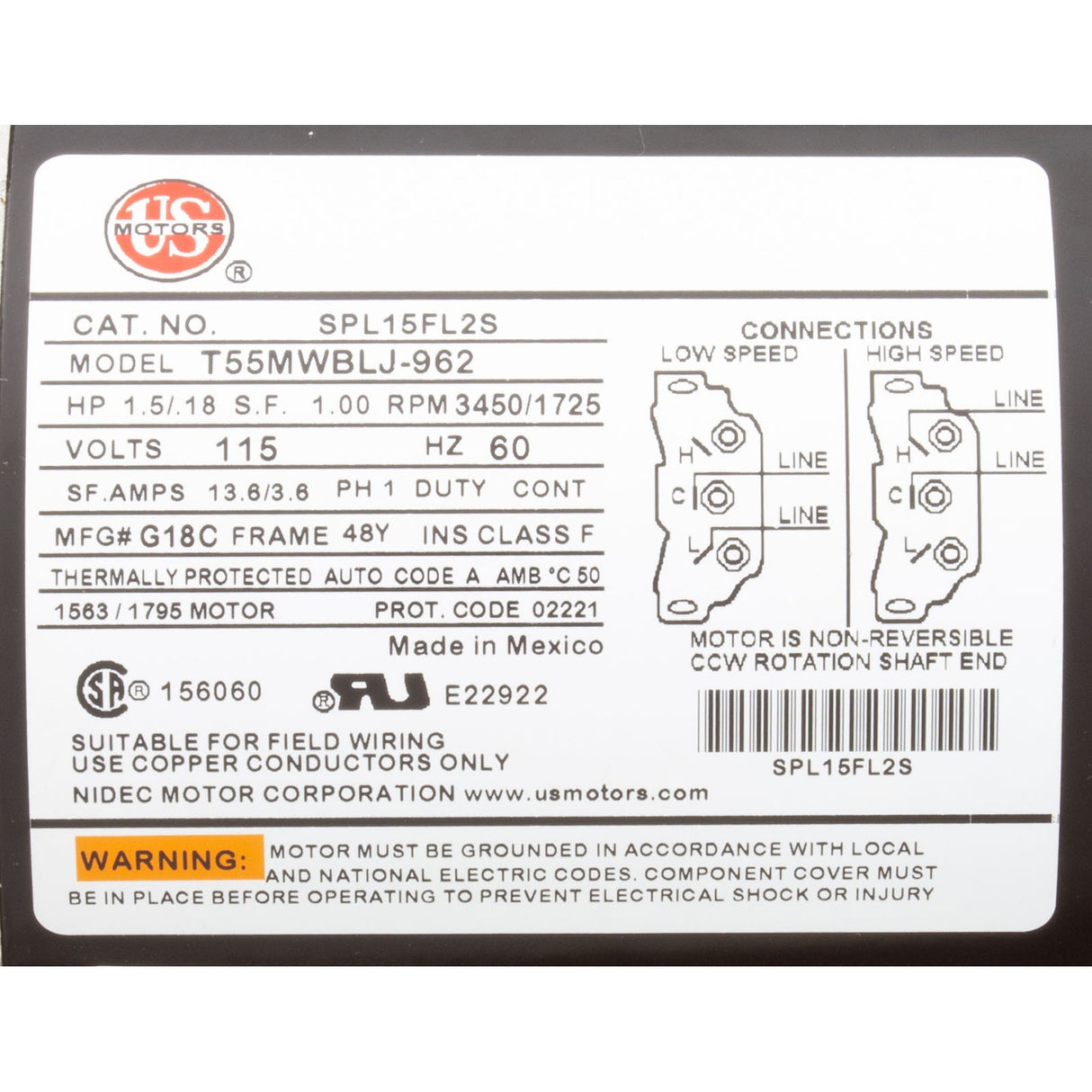 Motor, US Motor, 1.5 Horsepower, ThruBolt, 2-Speed, 115v, 48Y : SPL15FL2S