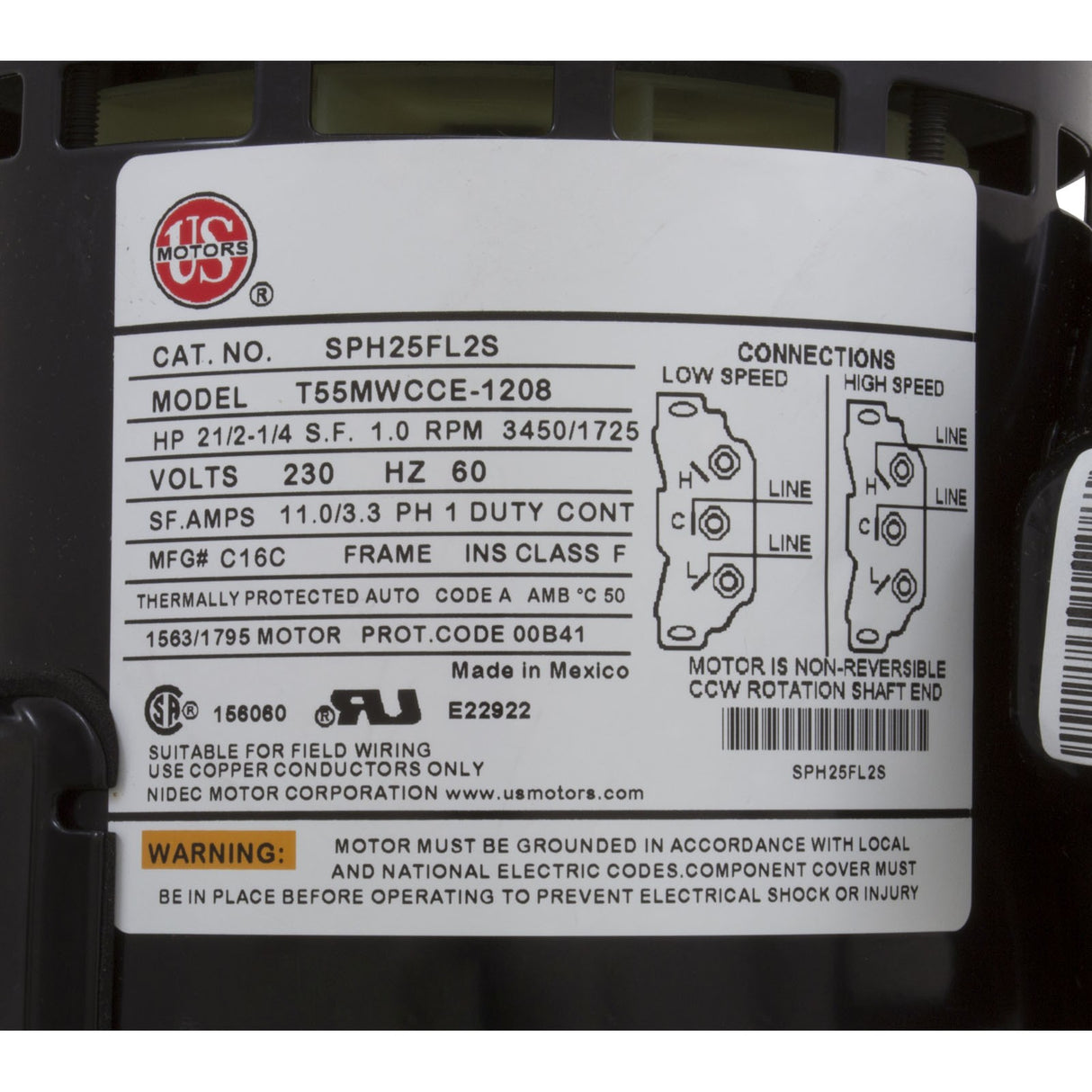 Motor, US Motor, 2.5 Horsepower, ThruBolt, 2-Speed, 230v, 48Y : SPH25FL2S