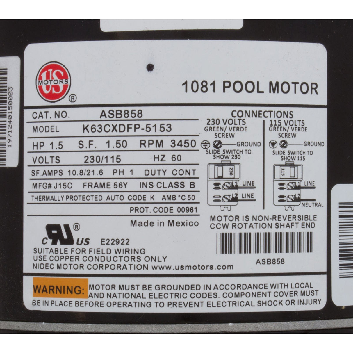 Motor, US Motor, 1-1/2 Hp 115/230v SQFL : ASB858