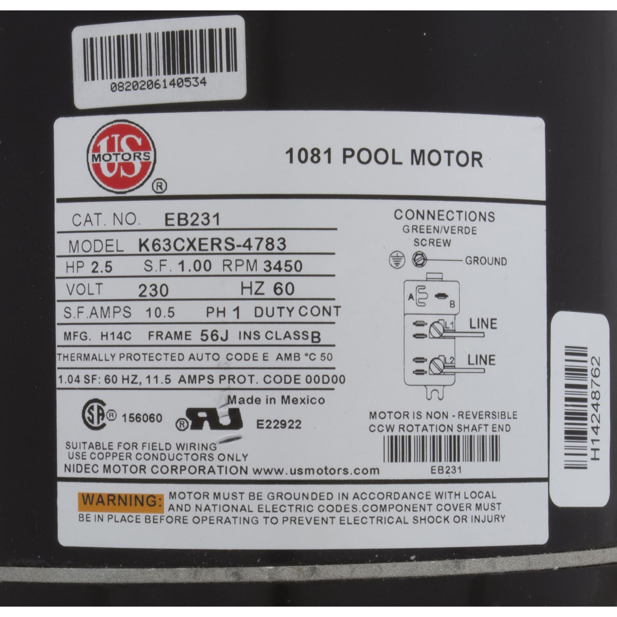 Motor, US Motor, 2.5 Horsepower, C-Face, 230v, Uprated : EB231