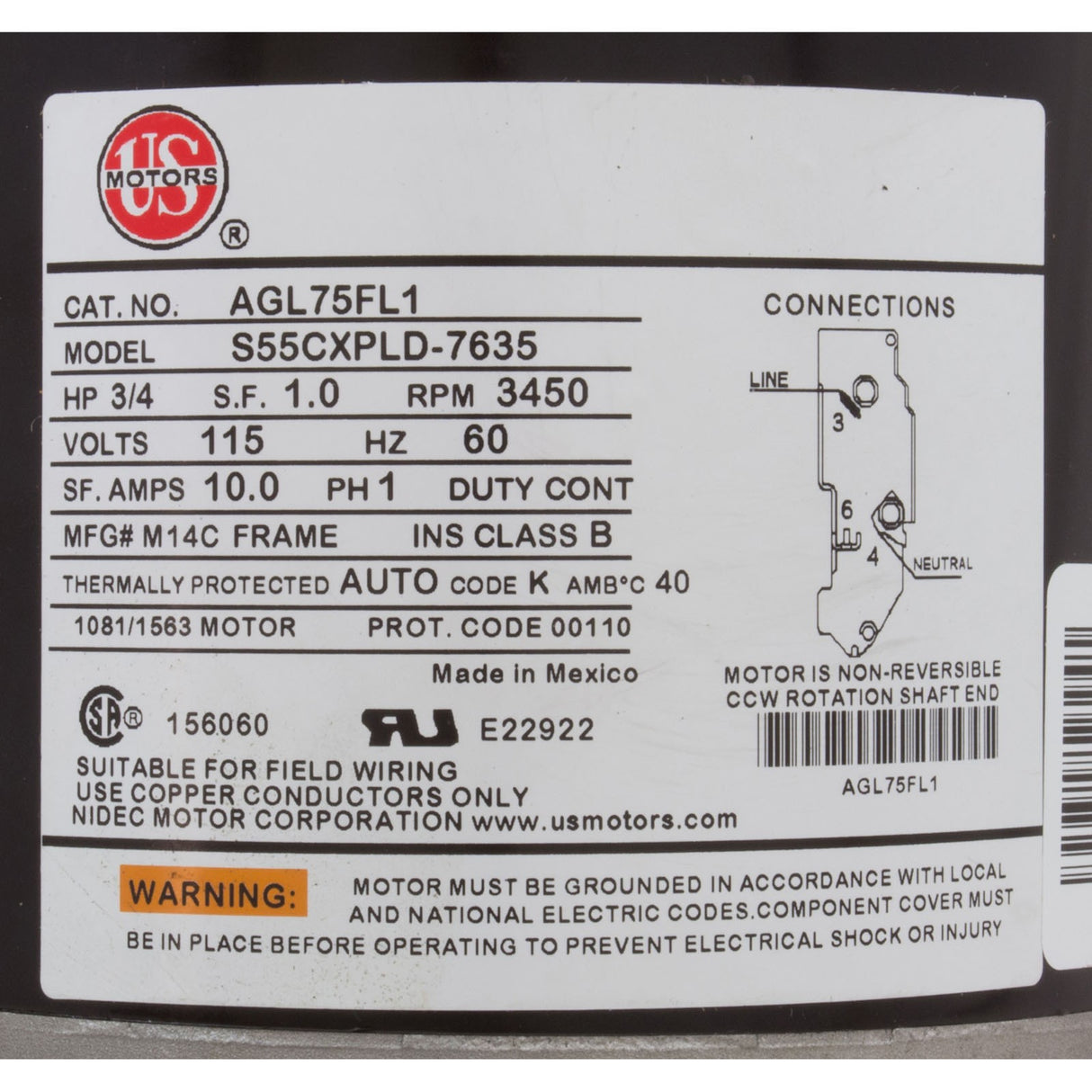 Motor, Nidec/US Motor, 0.75hp, 115v, 1-Speed, 48Y Frame : AGL75FL1
