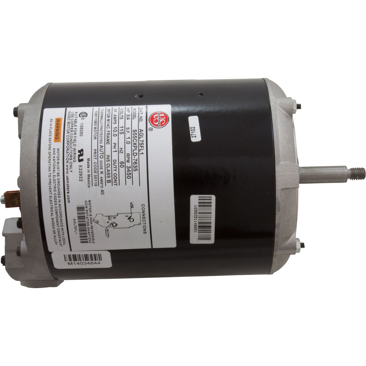 Motor, Nidec/US Motor, 0.75hp, 115v, 1-Speed, 48Y Frame : AGL75FL1
