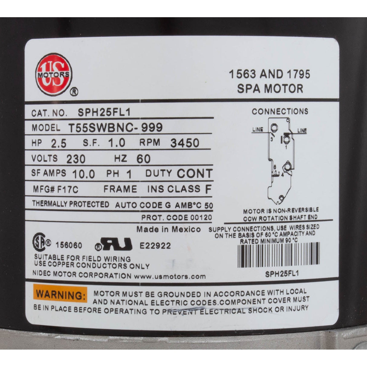 Motor, Nidec/US Motor, 2.5hp, 230v, 1-Speed, 48Y Frame : SPH25FL1