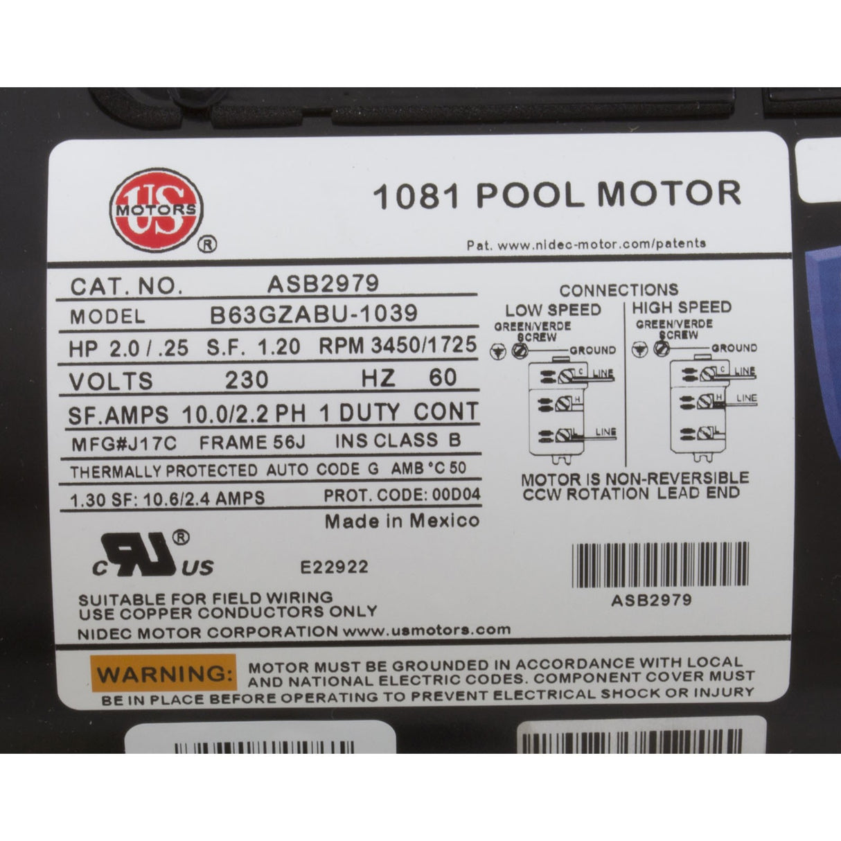 Motor, Nidec/US Mtr, 2.0hp, 230v, 2-Spd, 56Jfr, C-Face, Thd, Full : ASB2979