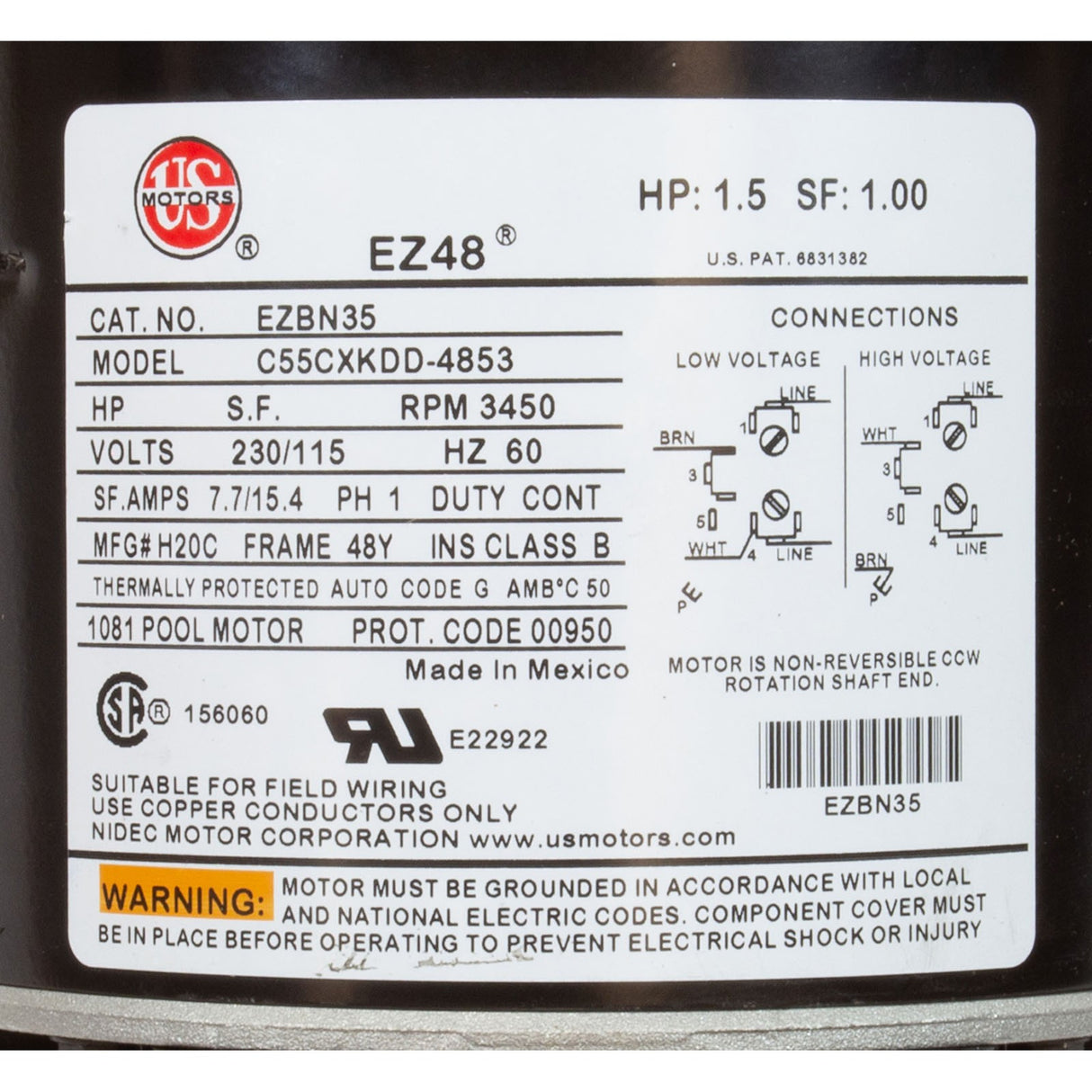 Motor, Nidec/US Motor, 1.5hp, 115v/230v, 1-Spd, 48Y Frame : EZBN35