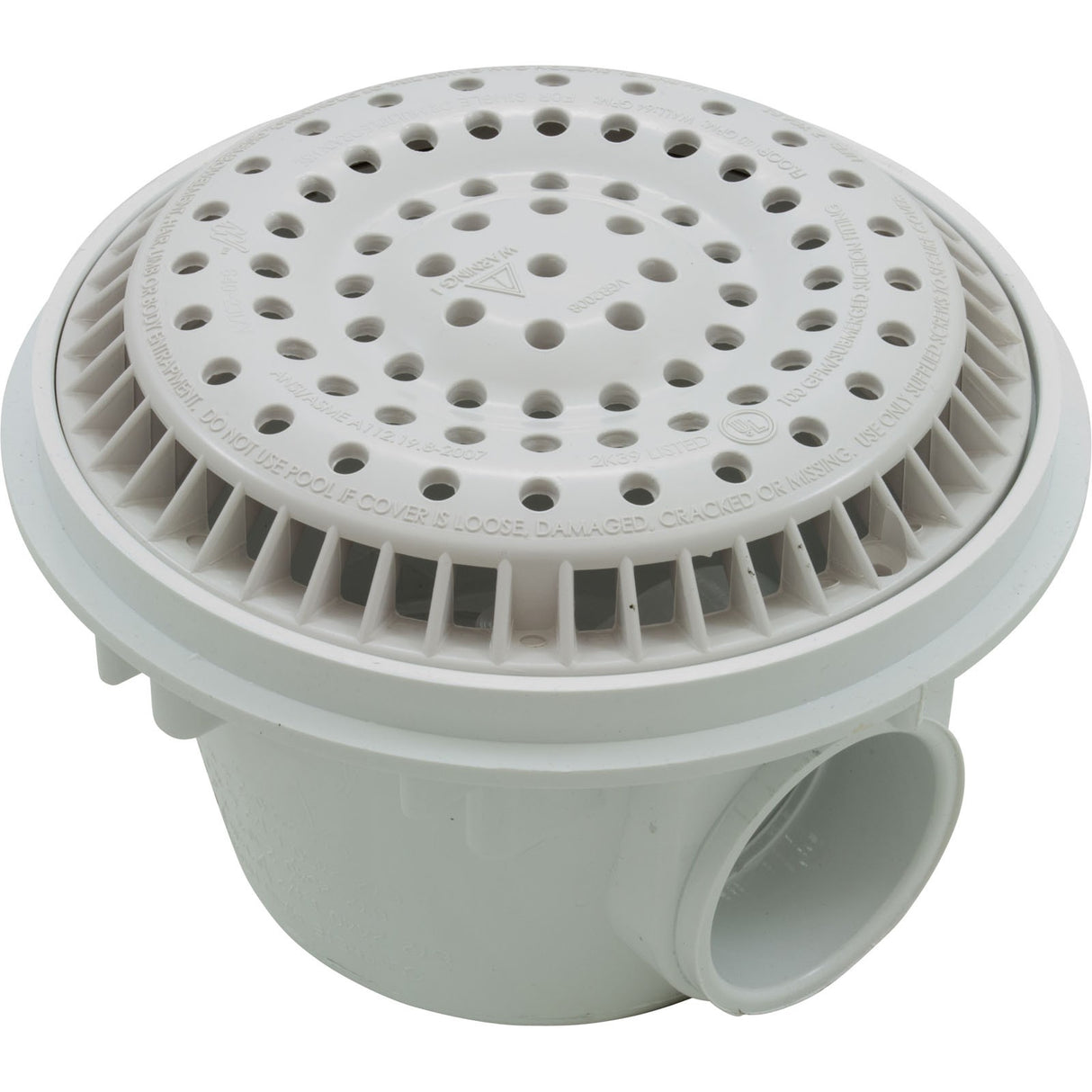 Main Drain, WW Anti Vortex, 8" Round, Gun, 2"s, Side, White : 640-2520 V