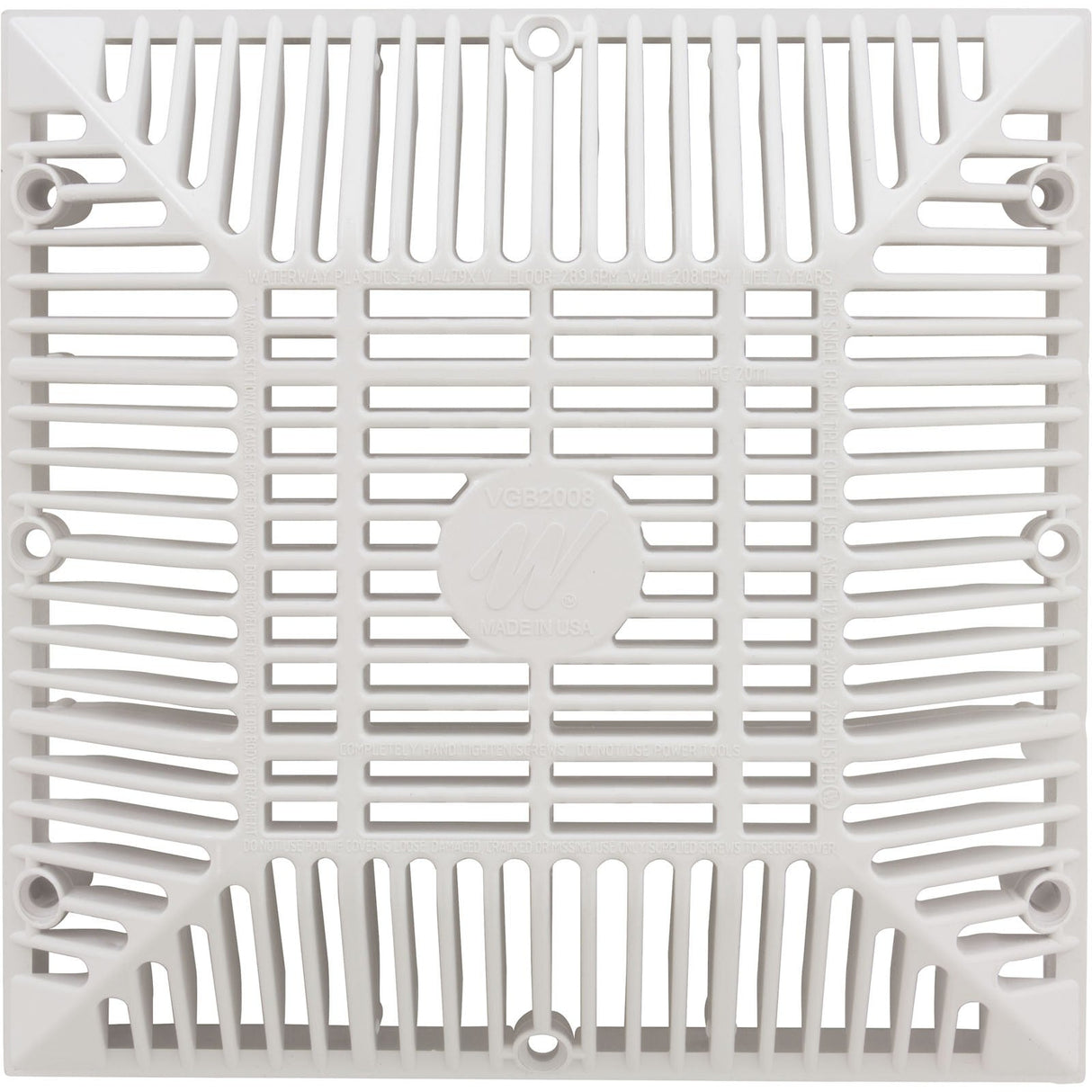 Main Drain Grate, Waterway 9" x 9" Square, White : 642-4790 V
