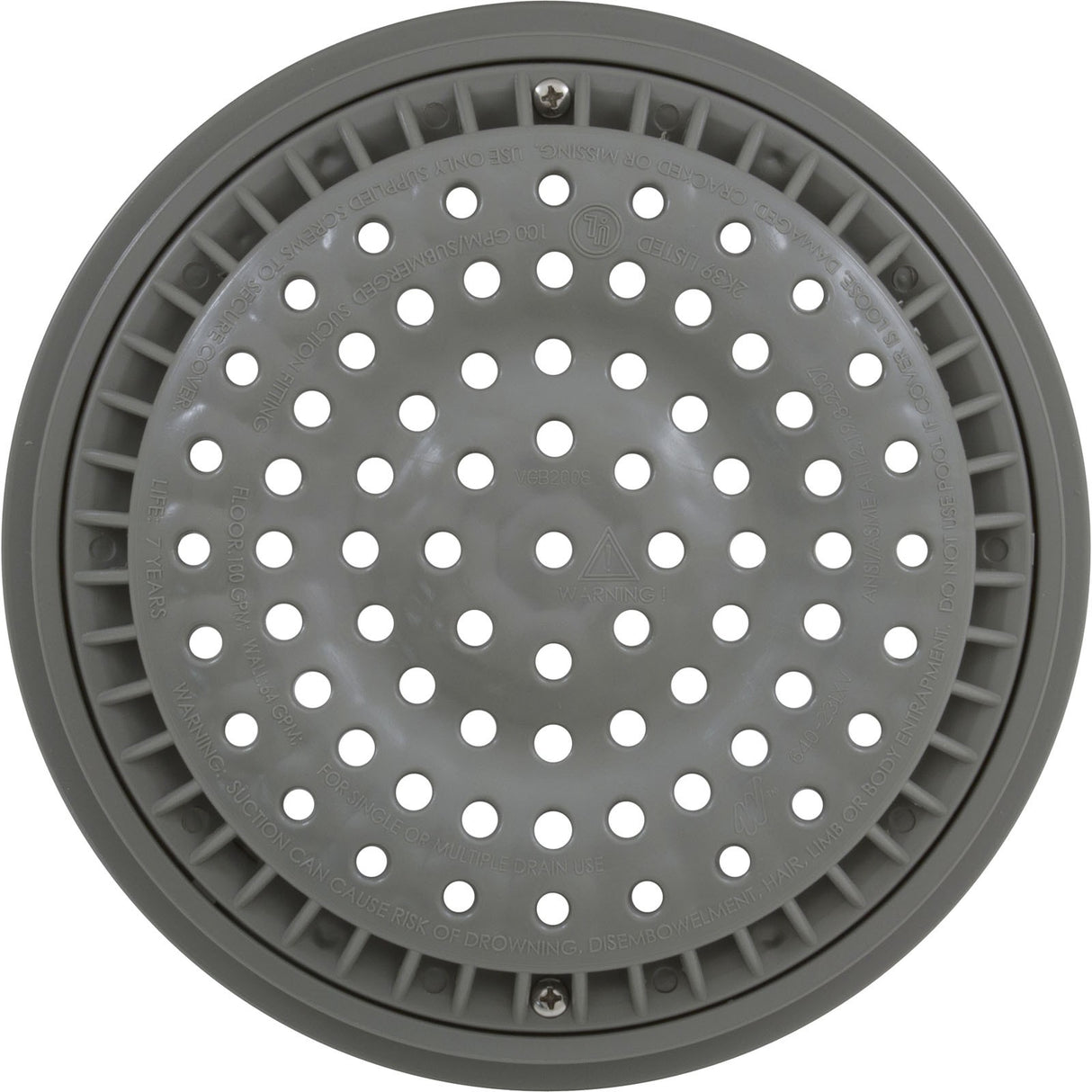 Main Drain Grate, WW Anti Vortex, 8" Rnd, w/Collar, Gray : 640-2317 V