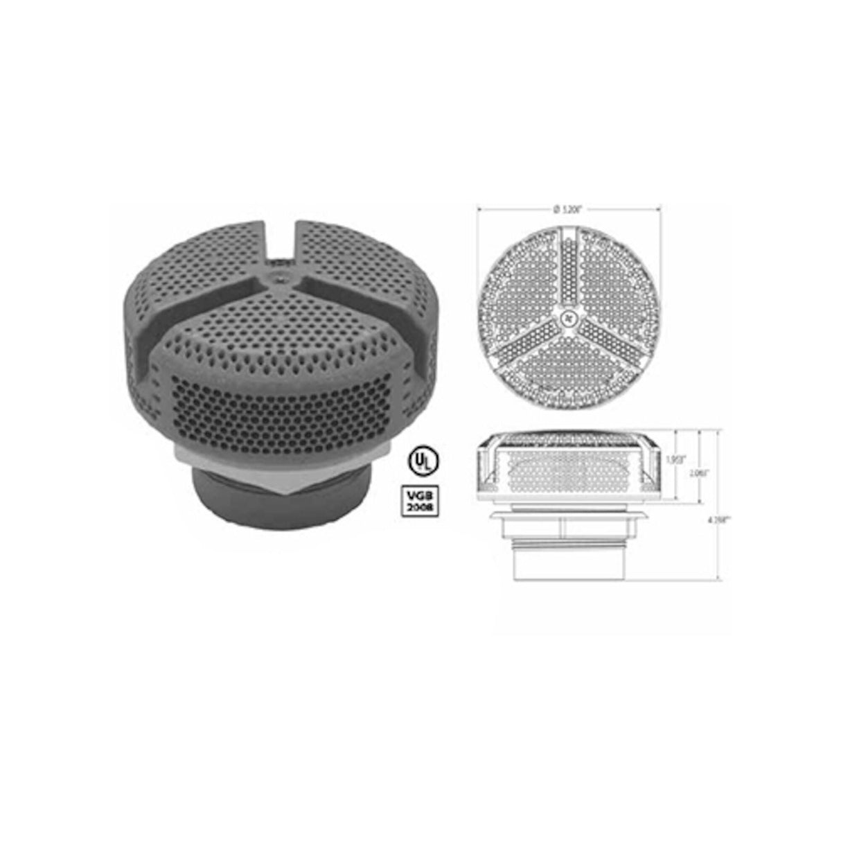 Suction Assembly, Waterway, VGB, Super-Flo, 5"Dia Cover, 2"S, Gray : 640-3947-VP