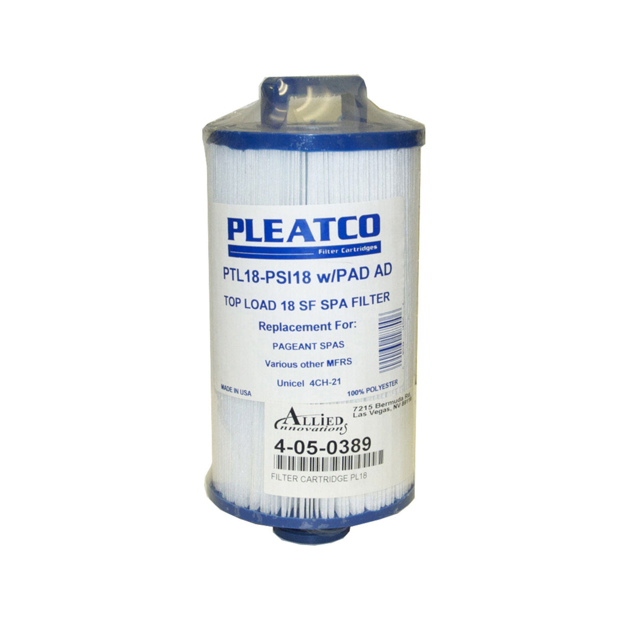 Filter Cartridge, Pleatco, Diameter: 4-3/4", Length: 18", Top: 1-1/8" Open, Bottom: 2-3/8" Open, 16 sq ft : PL18-4