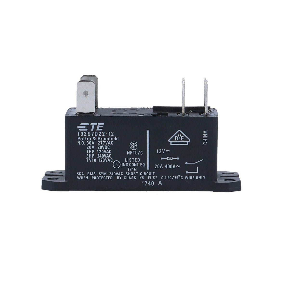 Relay, T92 Style, 12 VDC Coil, 30 Amp, DPST : T92S7D22-12