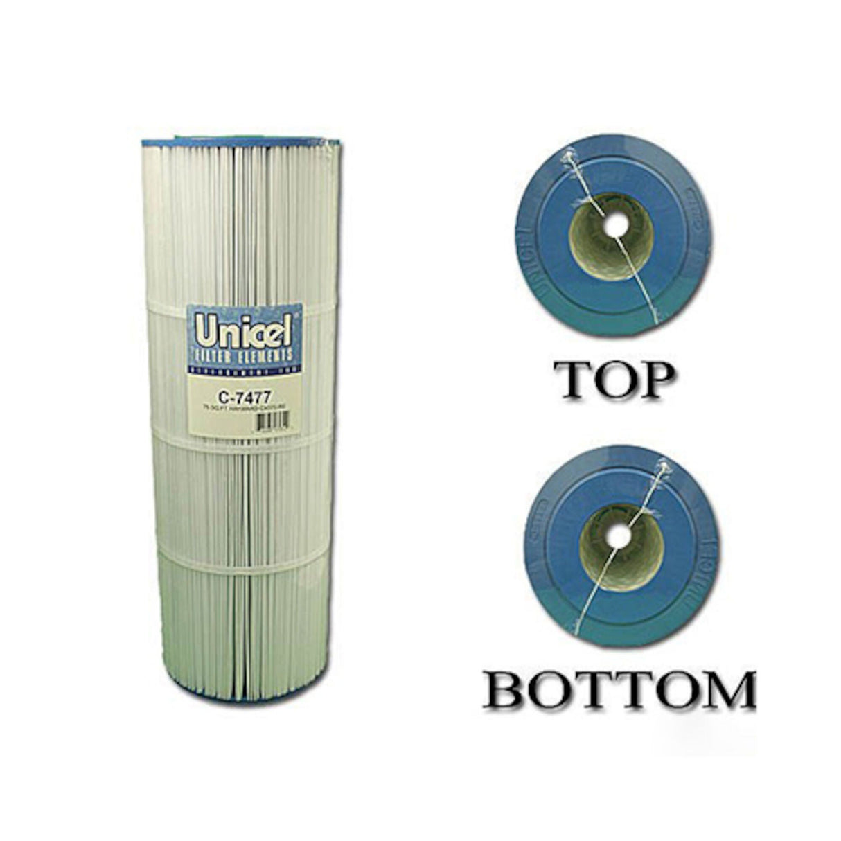 Filter Cartridge,UNICEL,75 Sq Ft,7"OD x 19-5/8"Long Top:3"ID,Bottom:3"ID : C-7477