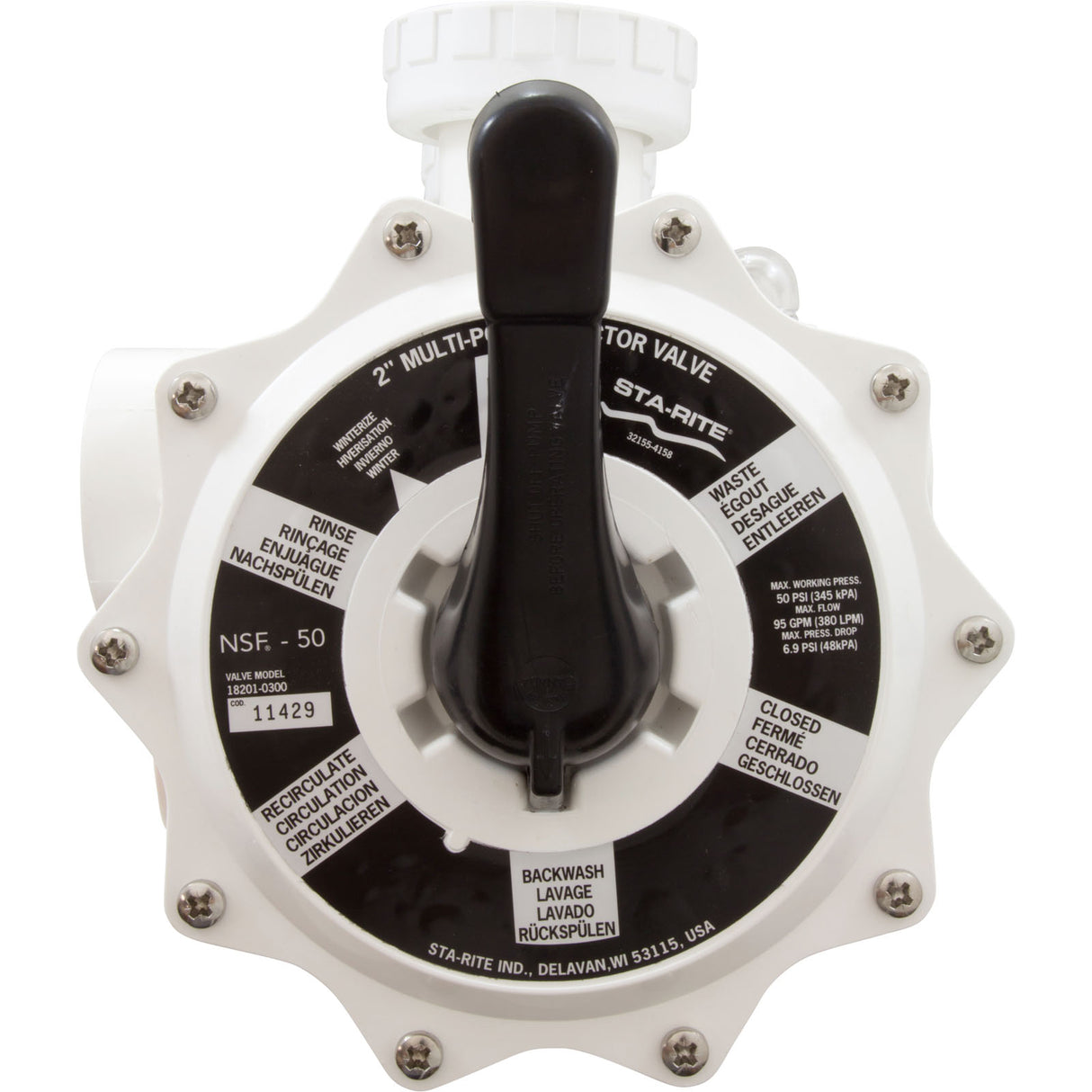Multiport Valve, Pent System 3 DE, 2" ABS, w/Unions, 6 Pos : 18201-0300 - Pentair - 022315303188 - PartsForSpas.com