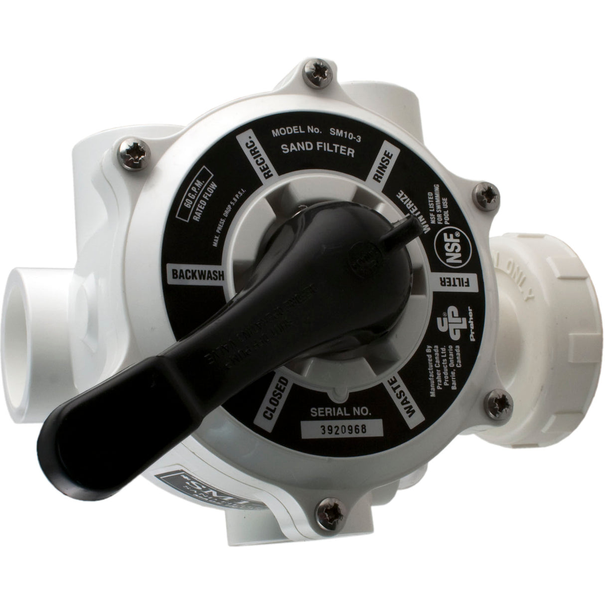 Multiport Valve, Praher SM1-PP3, 1-1/2", w/PacFab Plumbing : SM1-PP3 - Praher Canada Ltd - 885531001630 - PartsForSpas.com