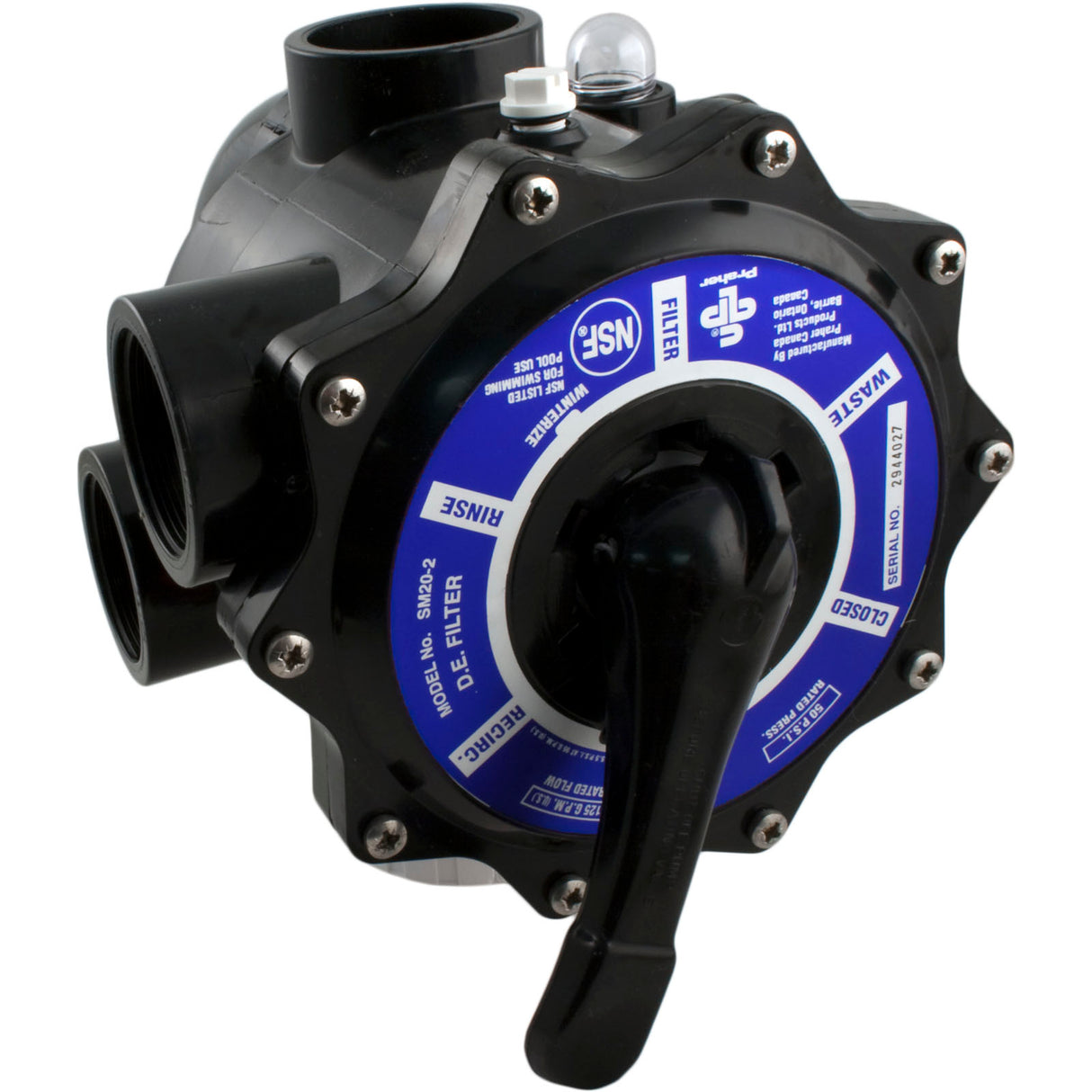 Multiport Valve, Praher SM2-SR2, 2", w/StaRite Plumbing, Blk : SM2-SR2 - Praher Canada Ltd - SM2-SR2 - PartsForSpas.com