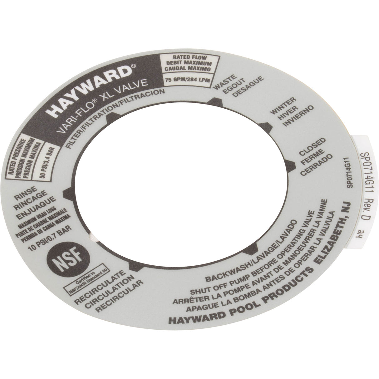 Decal, Hayward Vari-Flo XL Valve, 6 Position : SPX0714G - Hayward - 0610377210249 - PartsForSpas.com