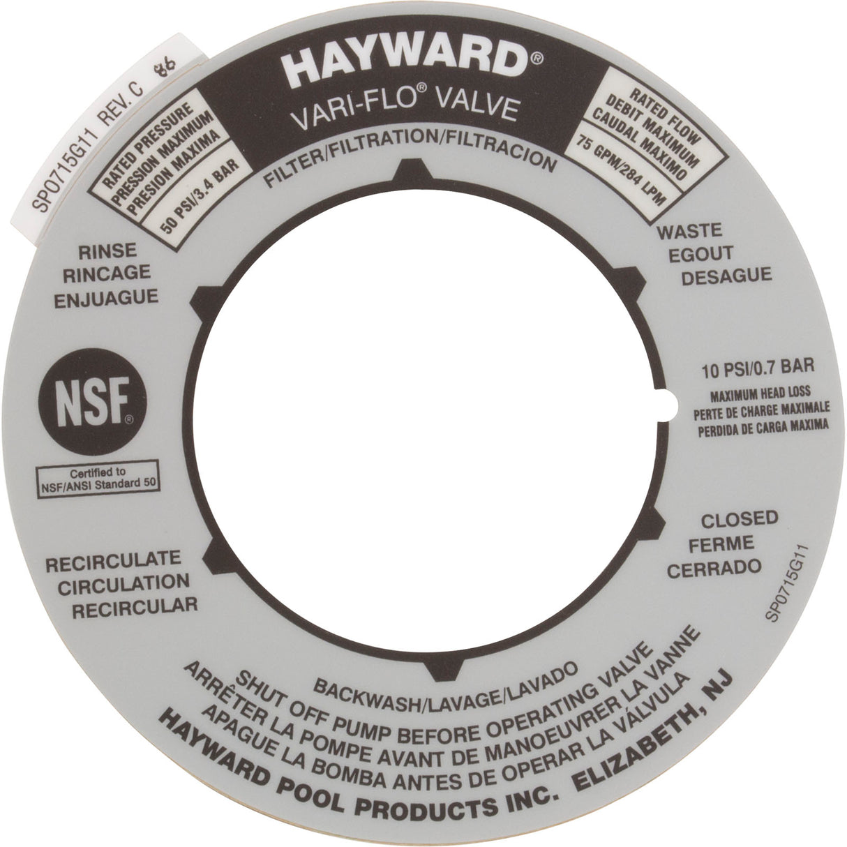 Valve Position Label, Hayward 2" Vari-Flo Valves : SPX0715G - Hayward - 0610377035248 - PartsForSpas.com