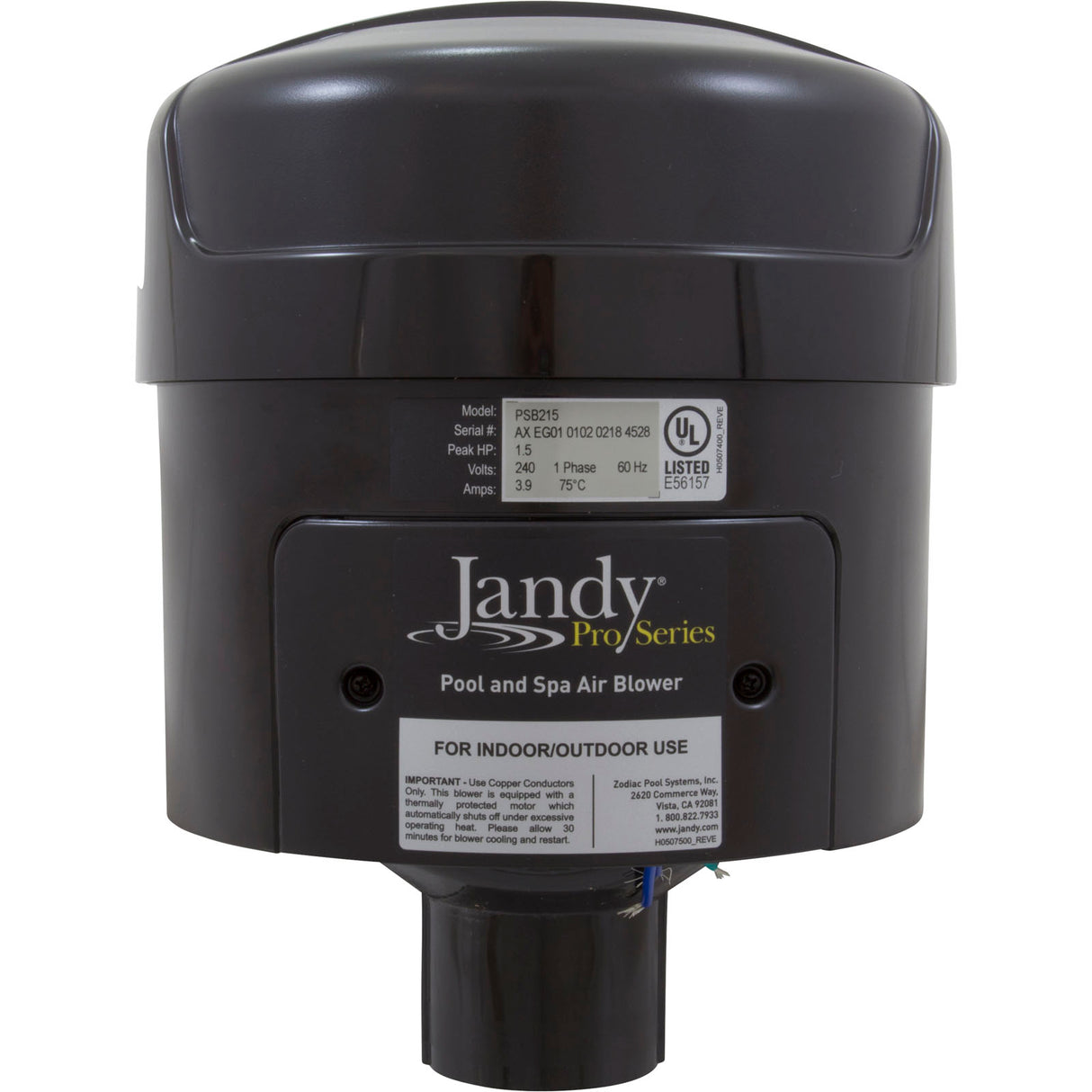 Blower, Zodiac Jandy, Plastic, 1.5hp, 230v, 3.9A, Hardwire : PSB215