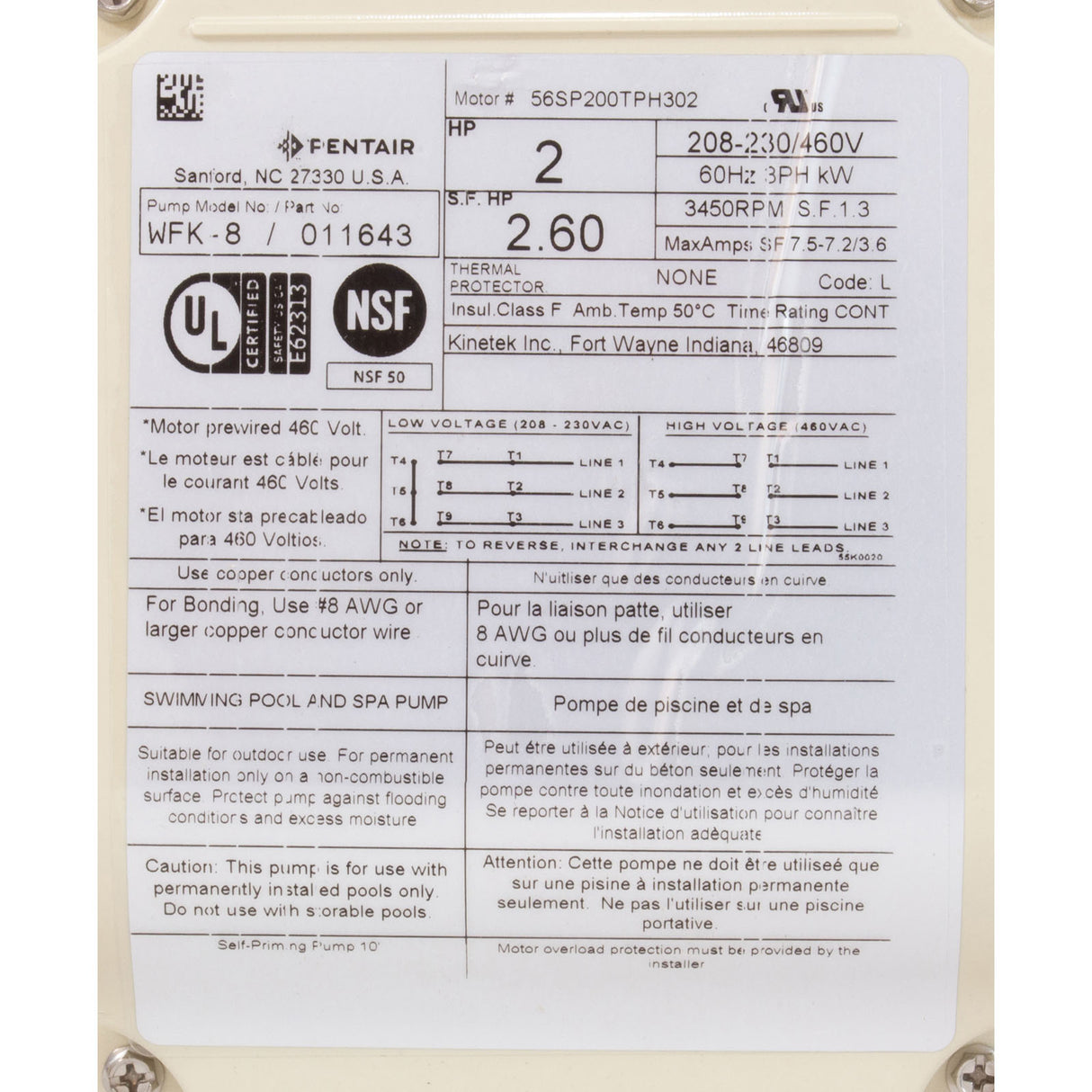 Pump, Pentair WhisperFlo, 2.0hp, 208-230/460v, 3-Phase, SD : 011643