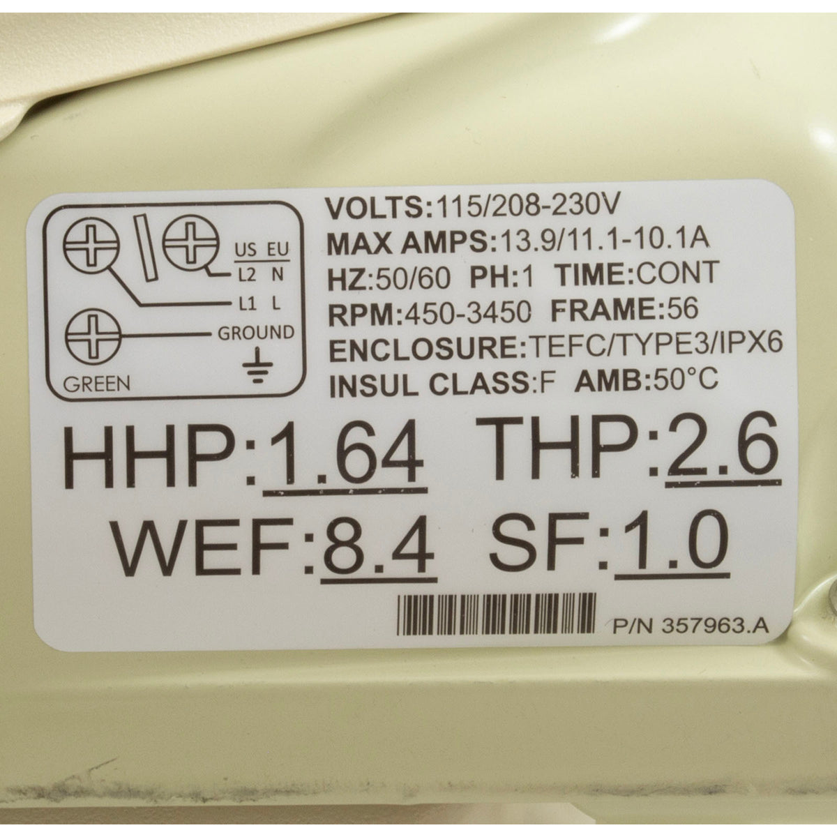 Pump, Pentair WhisperFlo VST, 2.6thp, 115v/208-230v, 2" : 011533