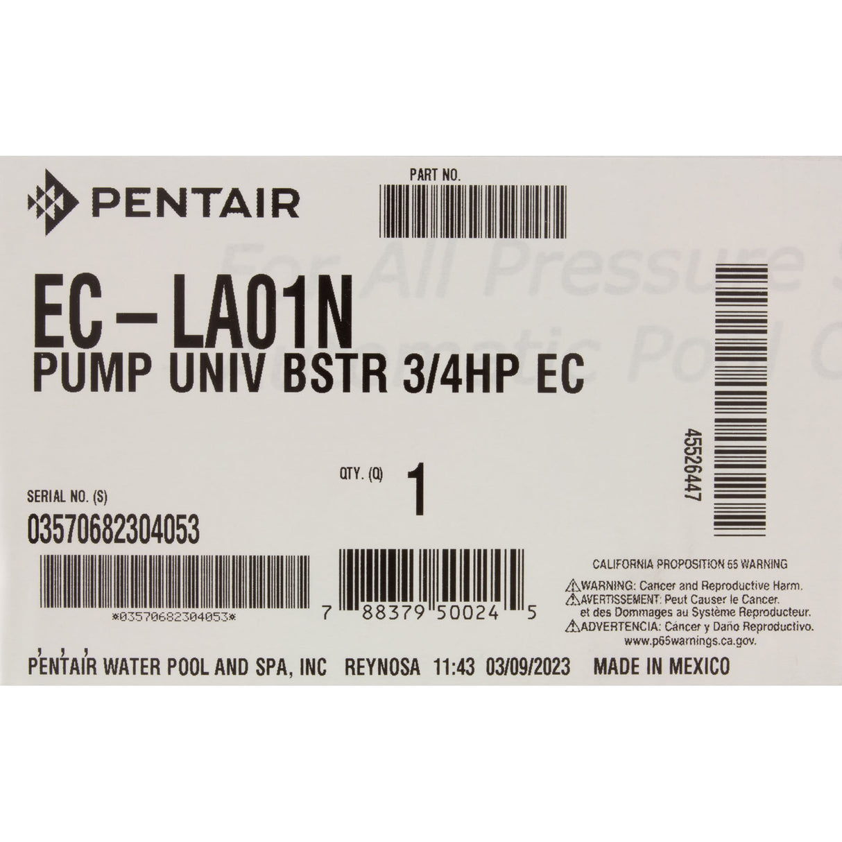Pump, Booster, Pentair, 3/4hp, 115v/230v, E-Comm Only : EC-LA01N - Pentair - 788379500245 - PartsForSpas.com