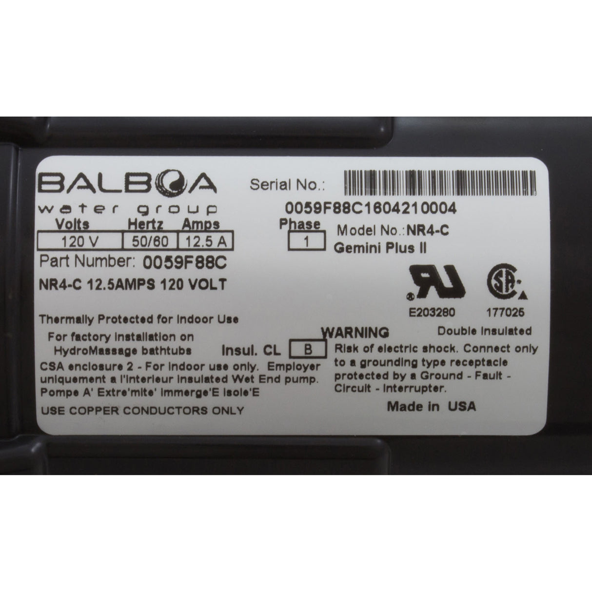 Pump, Bath, BWG Gemini Plus II VS, 1.5hp, 115v, 1-1/2", OEM : 0059F88C - HydroAir/Balboa - 0059F88C - PartsForSpas.com