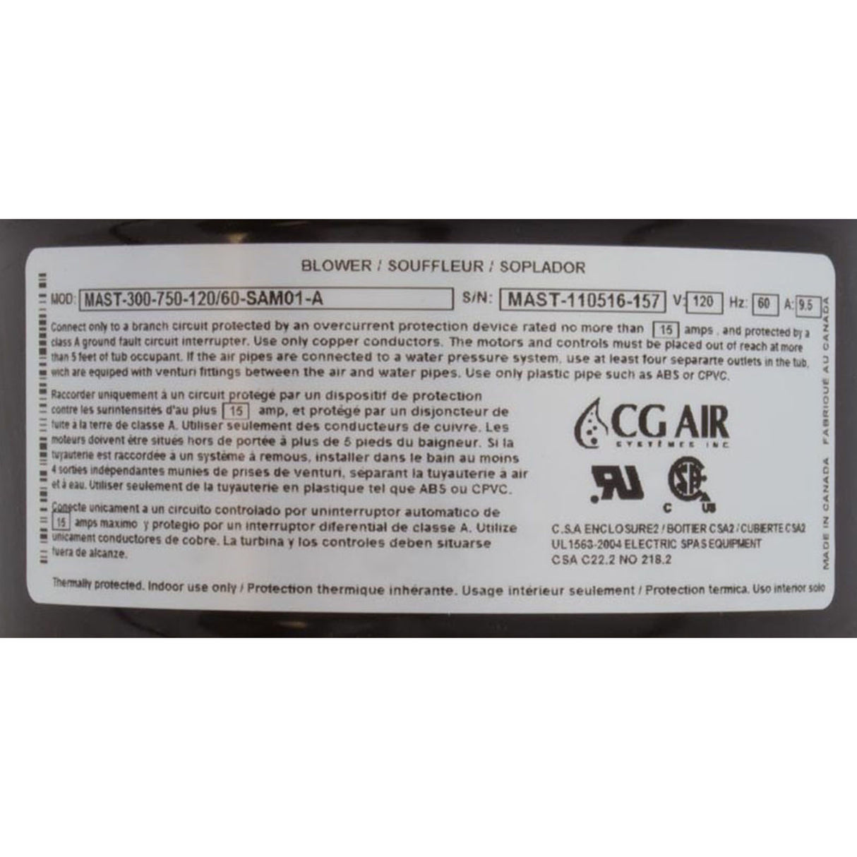 Blower, CG Air Millenium, 115v, 9.5A, w/Heater, Mflr, Hrd Wre, AS : Mast-300-750-120/60A