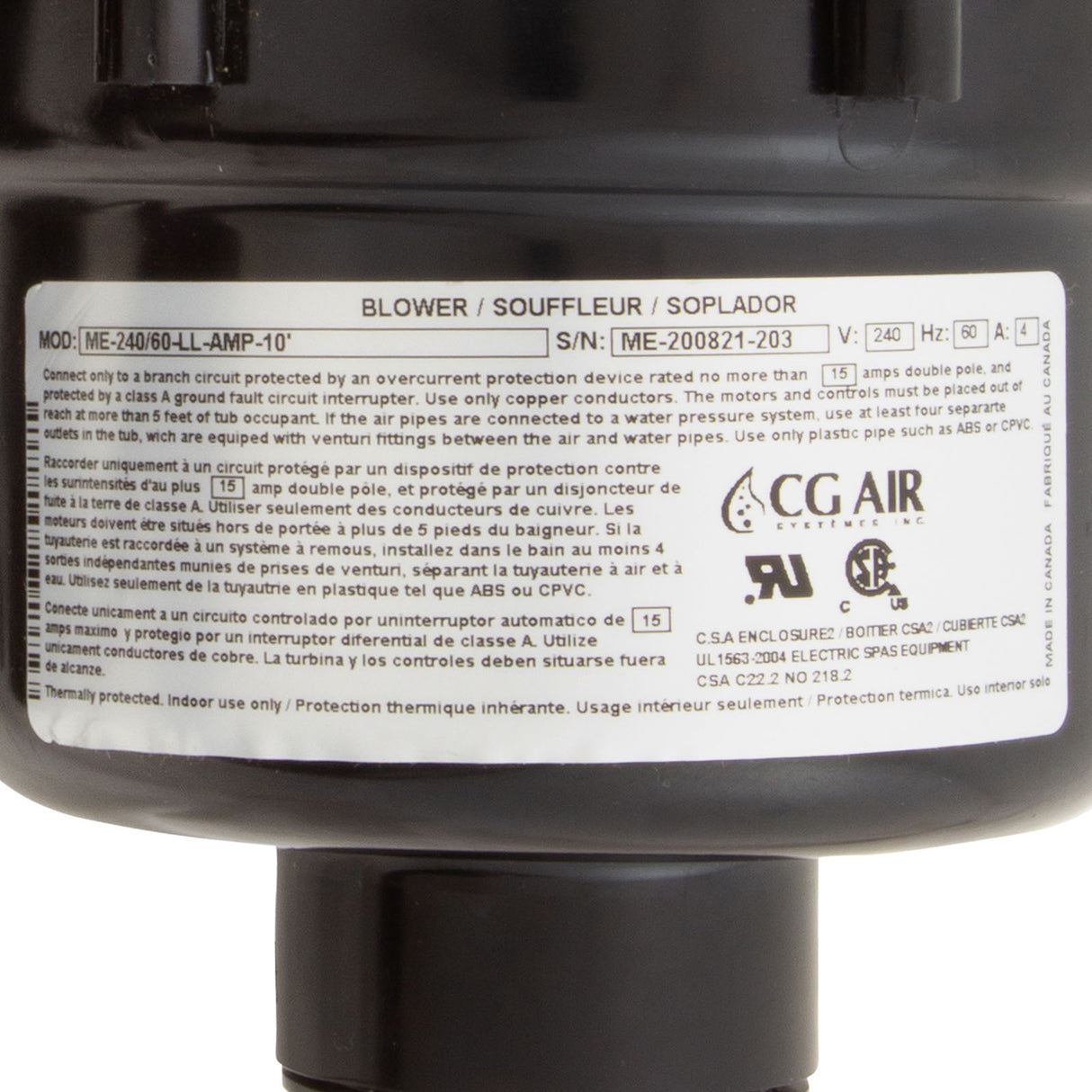 Blower, CG Air Millenium Long Life, 230v, 4.0A, 10ft AMP : ME-240/60-LL-AMP