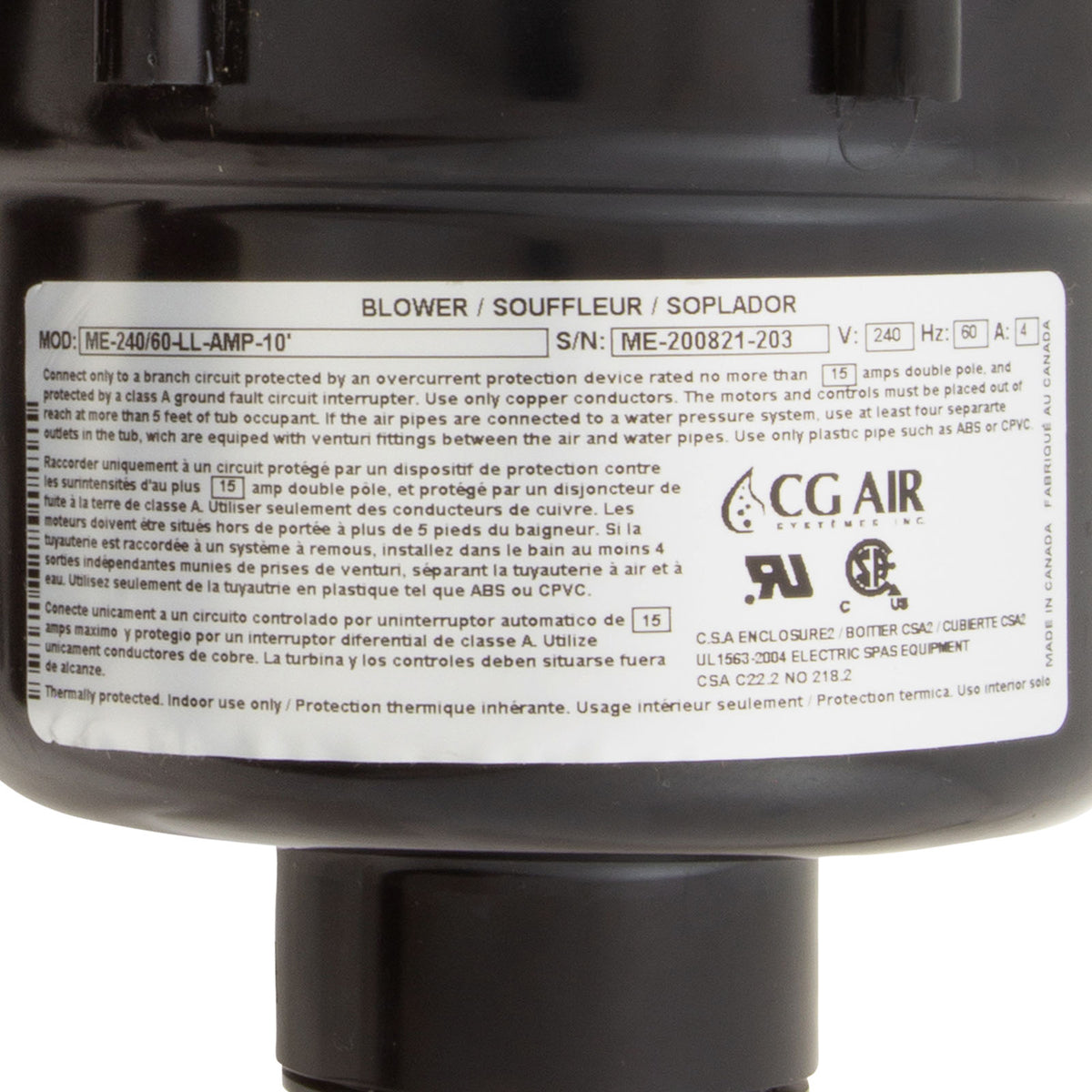 Blower, CG Air Millenium Long Life, 230v, 4.0A, 10ft AMP : ME-240/60-LL-AMP