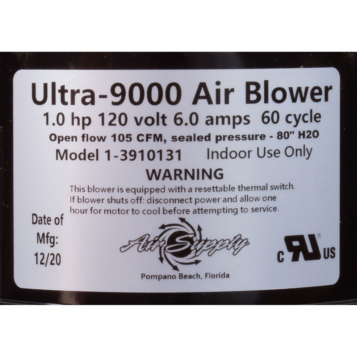 Blower, Air Supply Ultra 9000, 1.0hp, 115v, 6.0A, 4ft AMP : 3910131