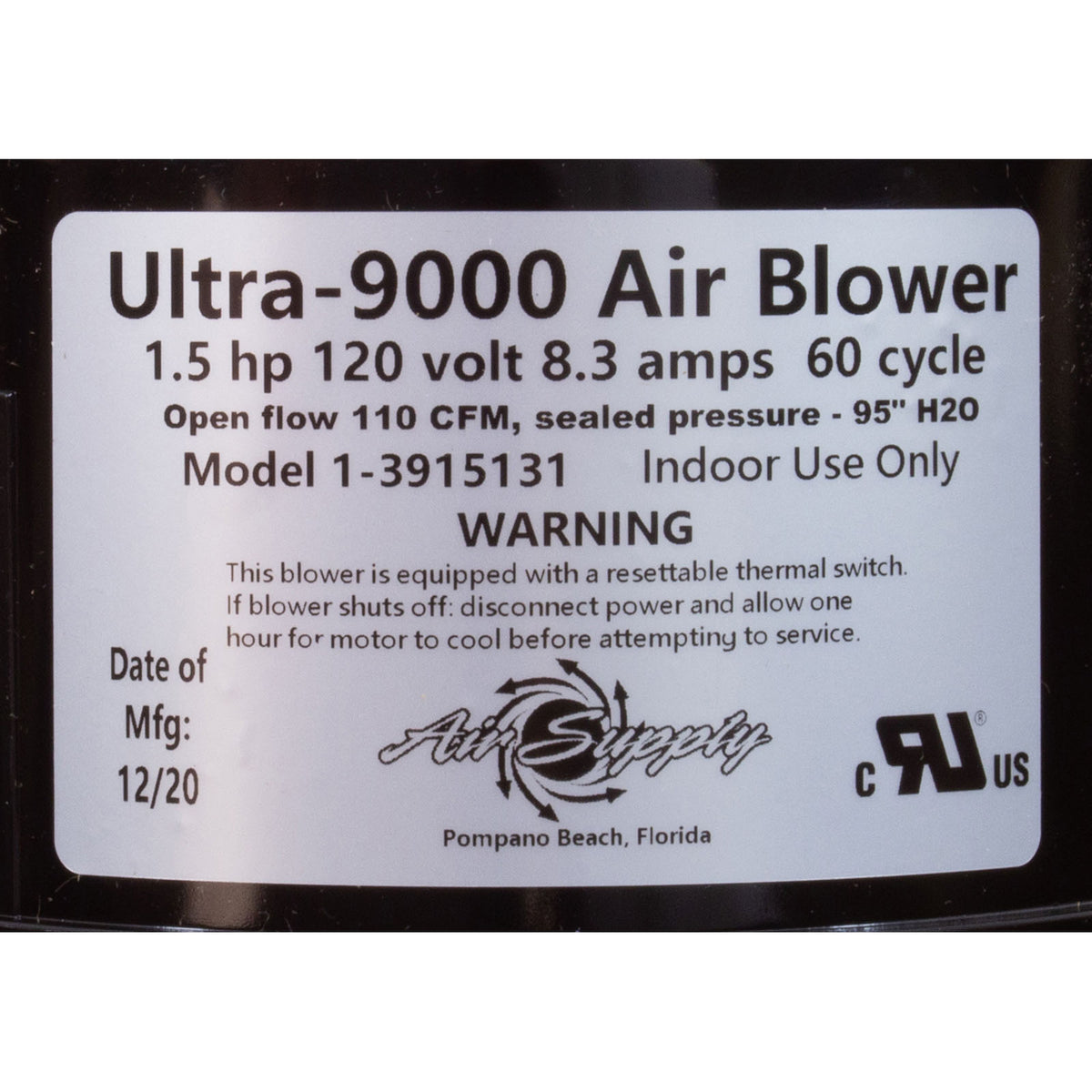 Blower, Air Supply Ultra 9000, 1.5hp, 115v, 8.3A, 4ft AMP : 3915131
