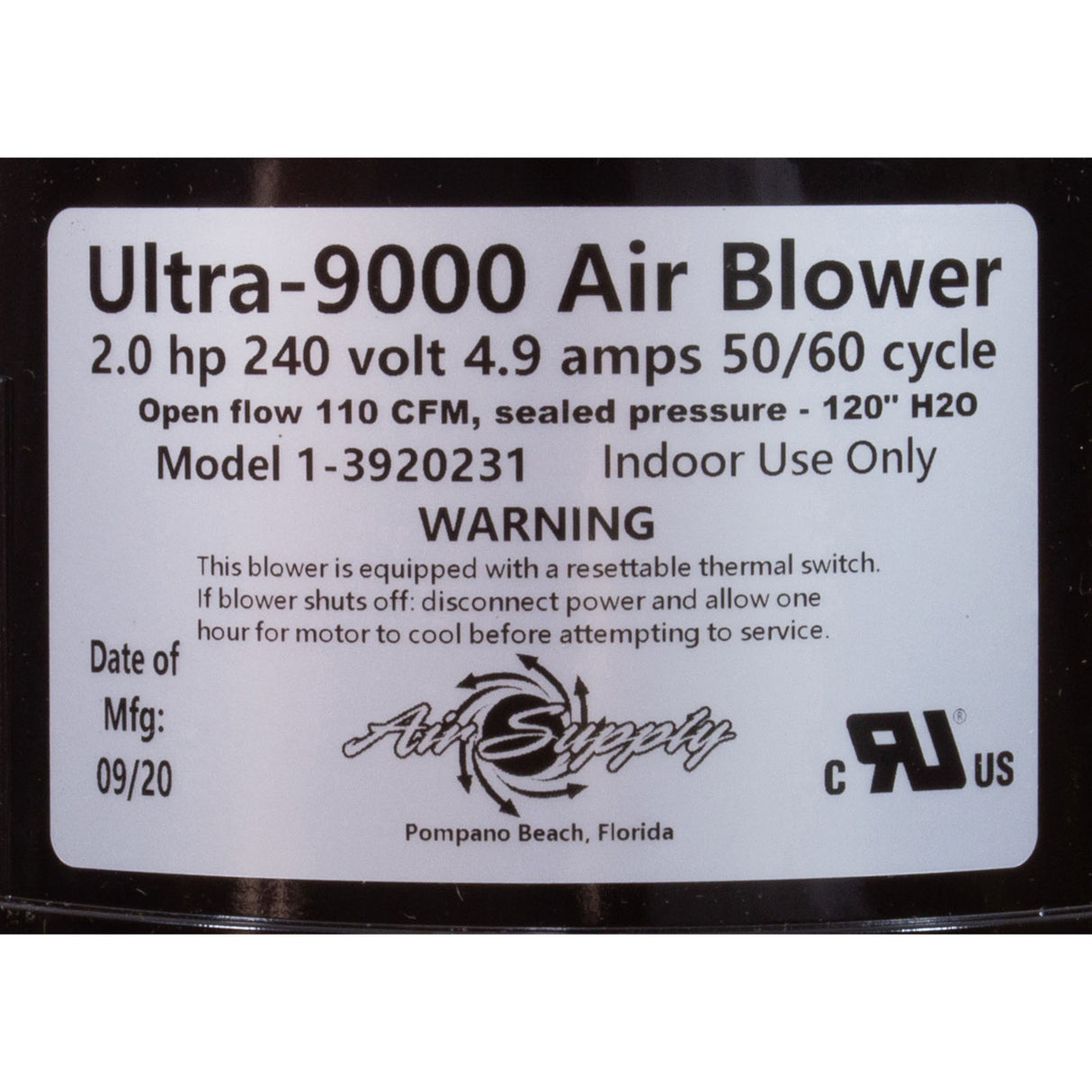 Blower, Air Supply Ultra 9000, 2.0hp, 230v, 4.9A, 4ft AMP : 3920231