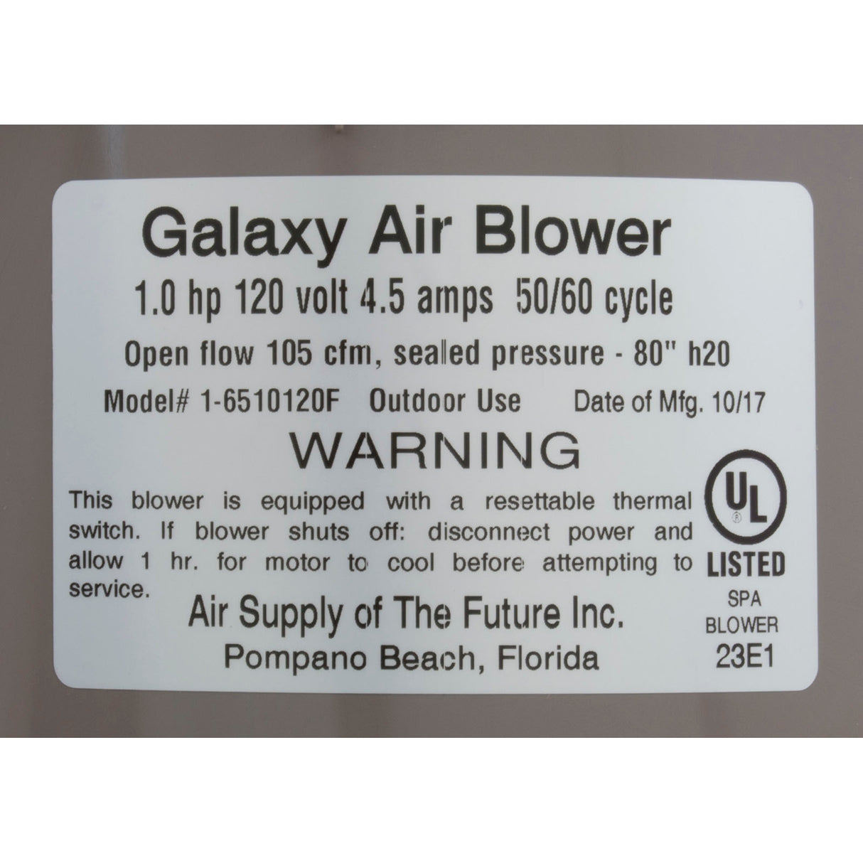 Blower, Air Supply Galaxy Pro, 1.0hp, 115v, 4.5A, Hardwire : 6510131