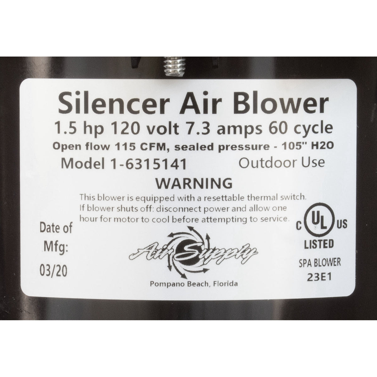 Blower, Air Supply Silencer, 1.5hp, 115v, 7.3A : 6315141