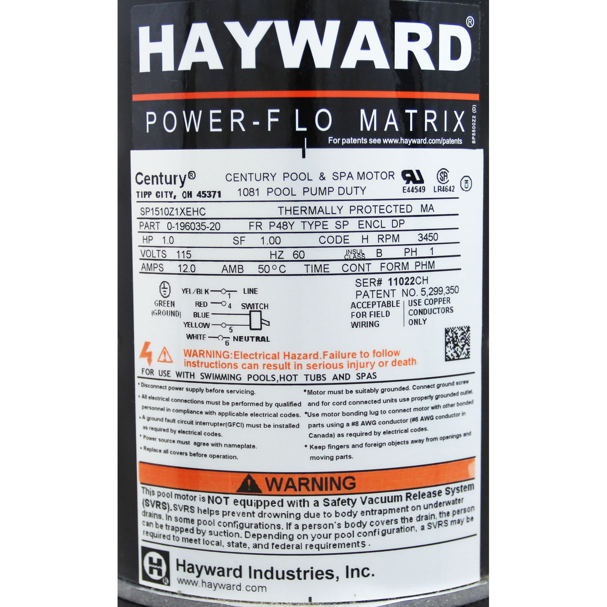 Pump, Hayward PowerFlo Matrix, 1.0hp, 115V, 6" Cord : W3SP1592 - Hayward - 0610377390460 - PartsForSpas.com