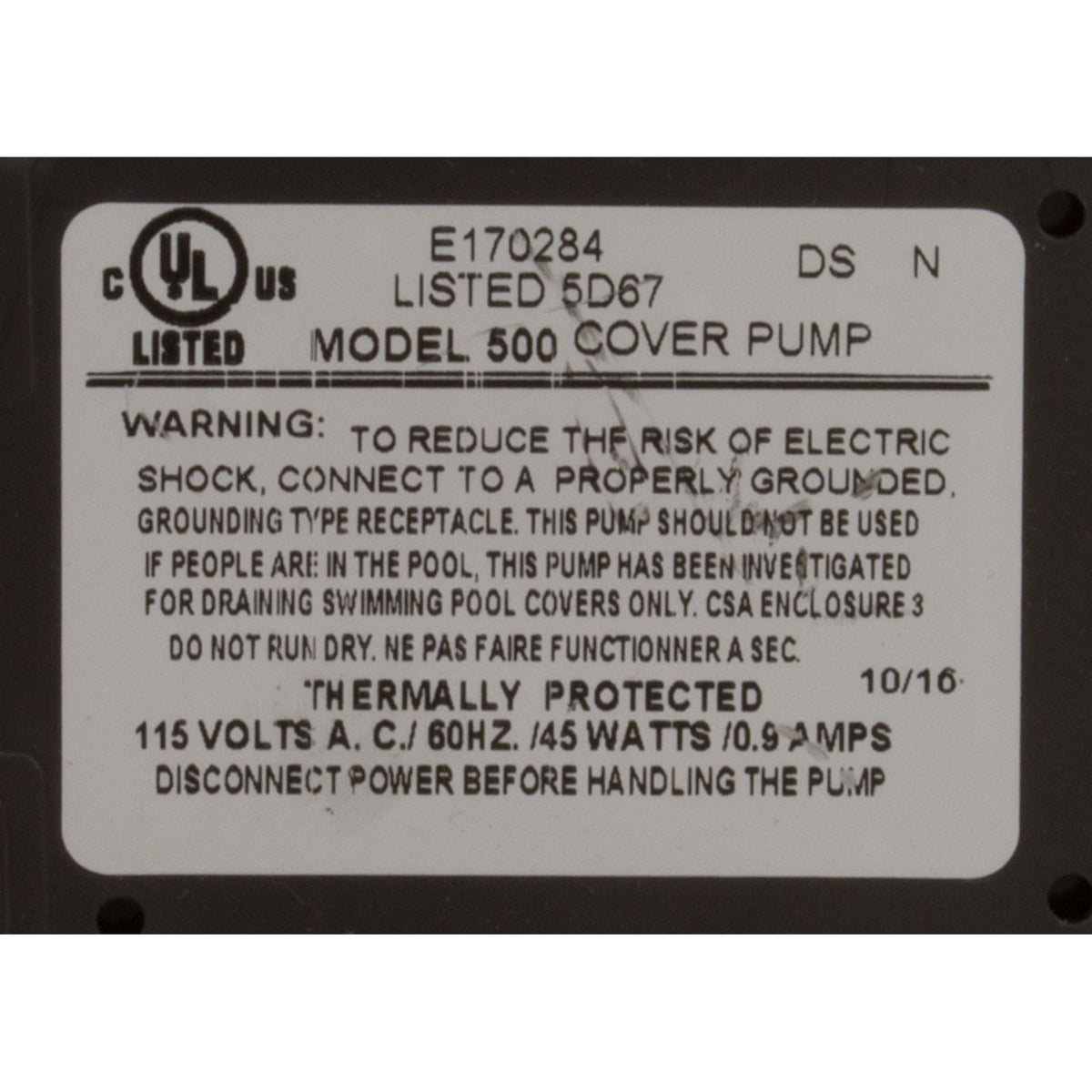 Pump, Submersible, Danner Cover Care Model 500, 45W, 3/4"GHT : 02555