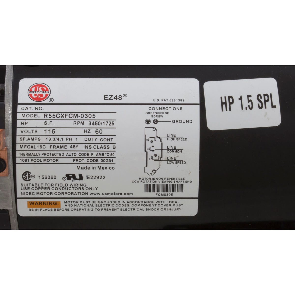 Pump, WW Ex2, 1.5SPL, 115v, 2-Spd, 48fr, 2", OEM : 3420610-1U