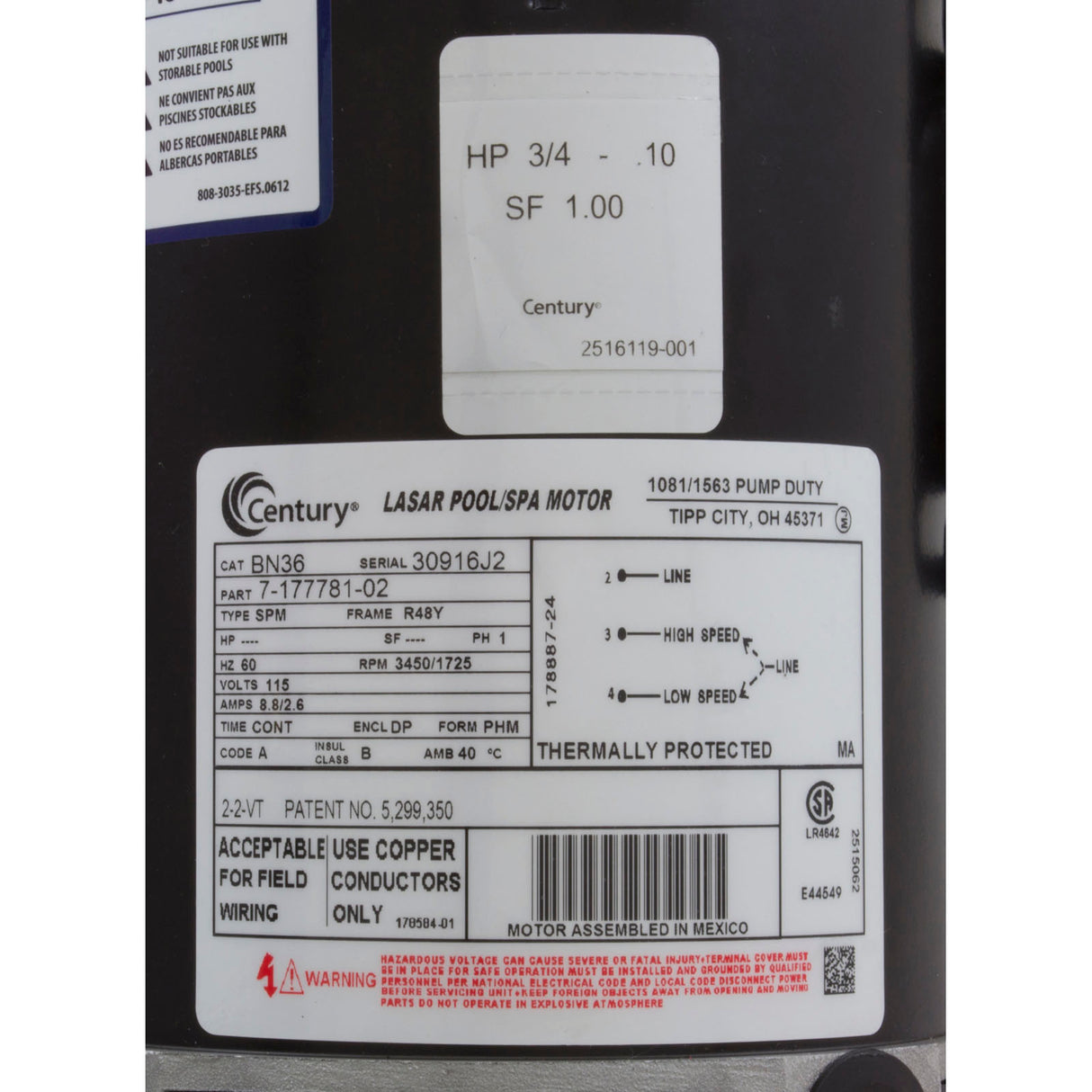 Pump, WW E-Series, 0.75hp, 115v, 2-Spd, 48fr, 1-1/2", OEM : 3420310-15 - Waterway Plastics - 806105070814 - PartsForSpas.com