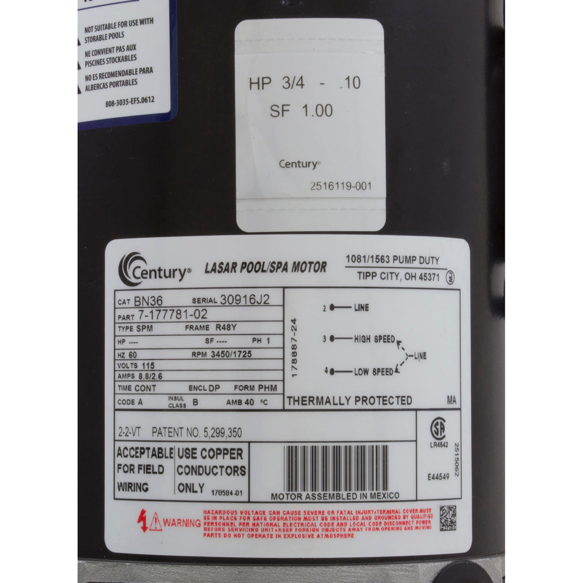 Pump, WW E-Series, 0.75hp, 115v, 2-Spd, 48fr, 1-1/2", OEM : 3420310-15